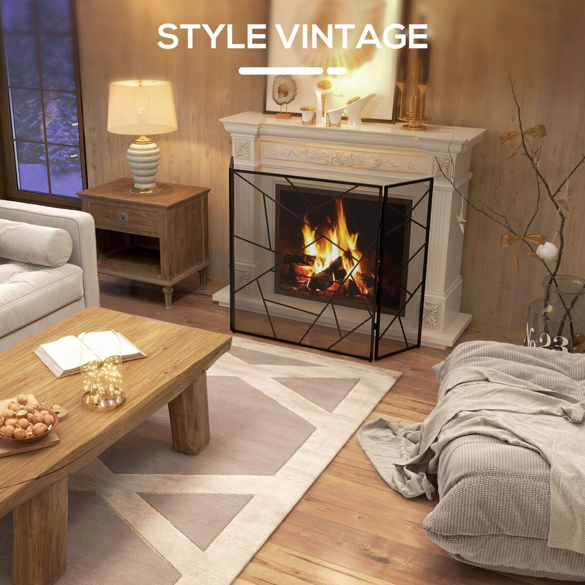 HOMCOM Pare-feu cheminée poêle design graphique - 3 volets pliables - dim. 135L x 1,2l x 85H cm - acier métal noir