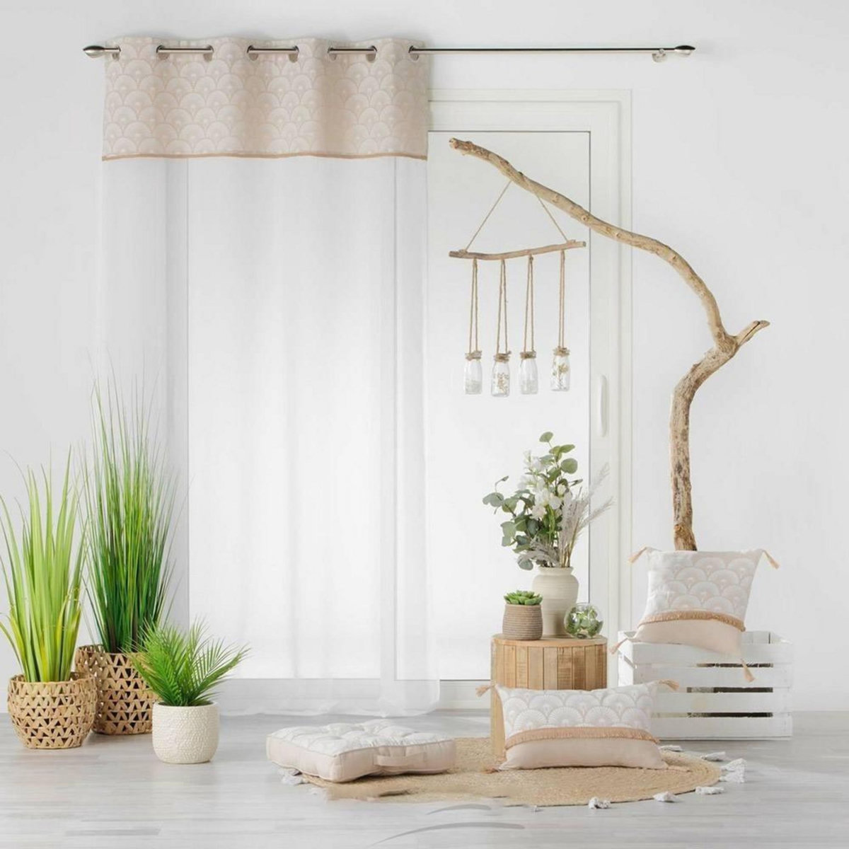 Douceur d'Intérieur Voilage à œillets 140x240 sable top imprimé jute Bahina blanc