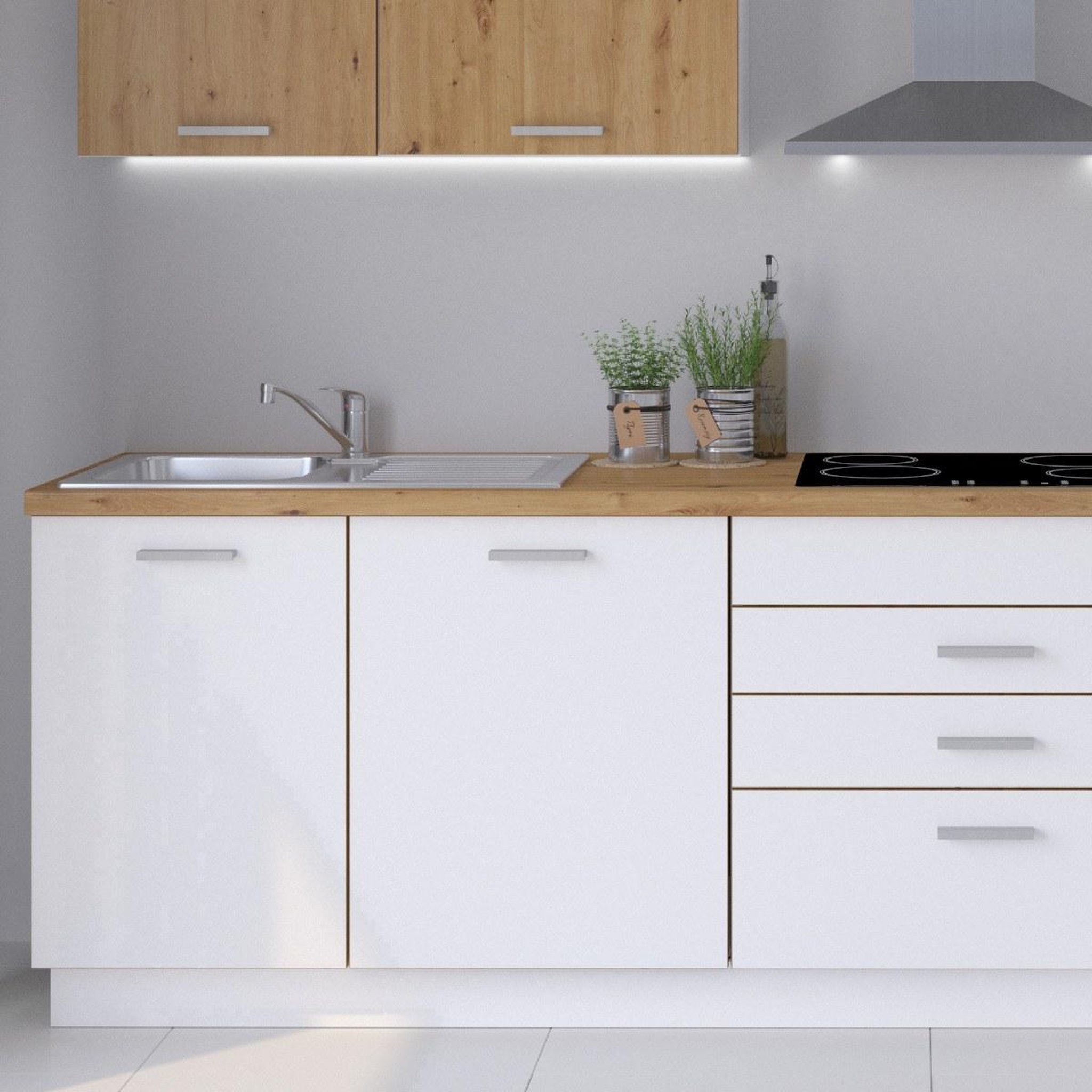 Voir la diapositive 3 : JLC KREATION Cuisine complète blanc et bois 280cm LOFT