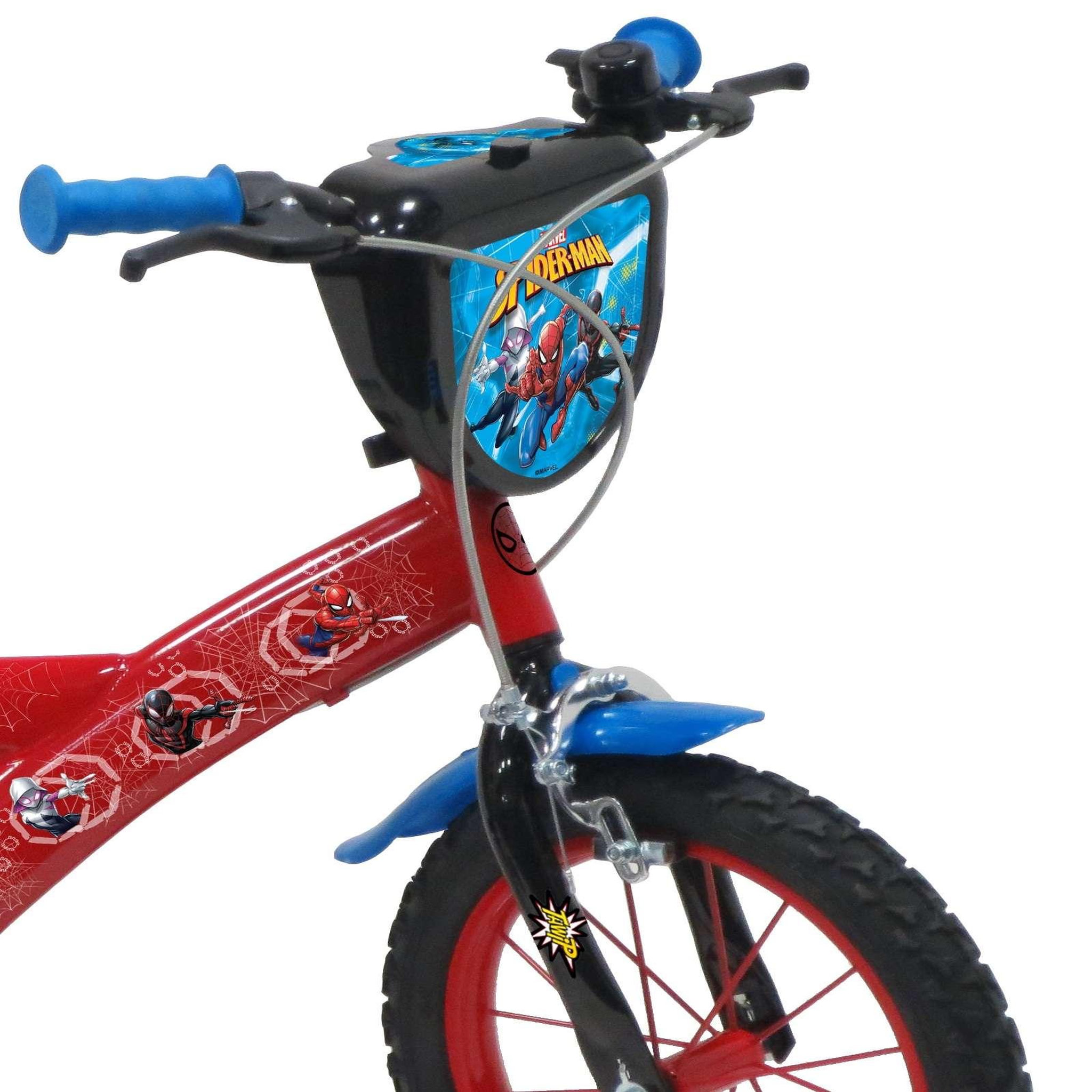 Voir la diapositive 4 : Marvel Vélo enfant - Modèle 14'' Spiderman pour enfant de 95/110 cm avec stabilisateurs - Plaque décorative avant - Porte bidon - 2 freins et pneus gonflables
