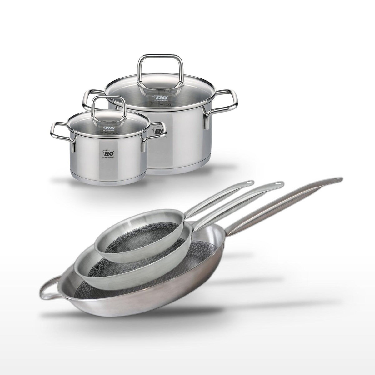 ELO Lot de 3 Poêles 24/28/32cm et 2 Faitouts 12/16cm Elo Relief Solution