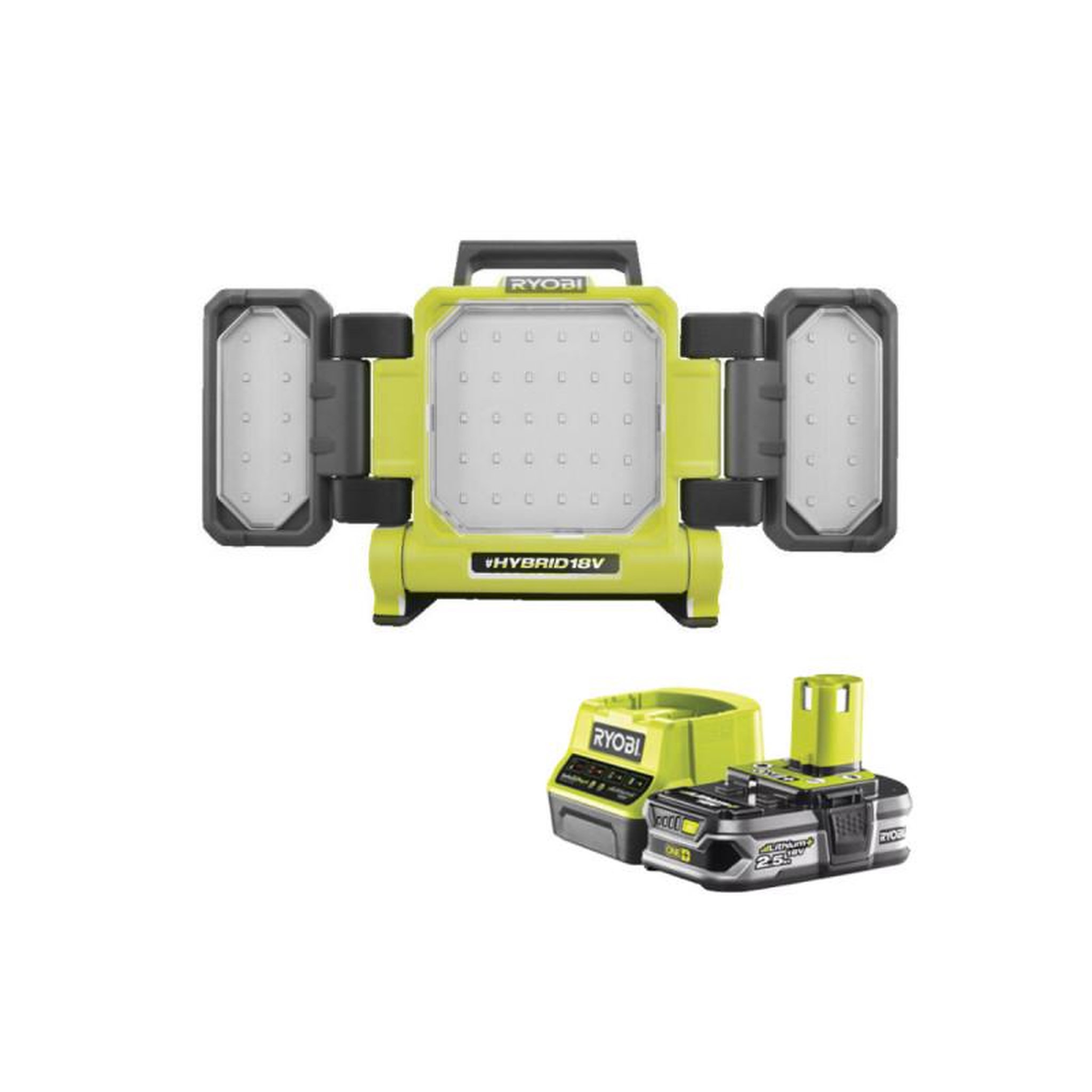 Ryobi Pack RYOBI Triple panneau lumineux LED 18V One+ 3000 Lumens RLP18-0 - 1 Batterie 2.5Ah - 1 Chargeur
