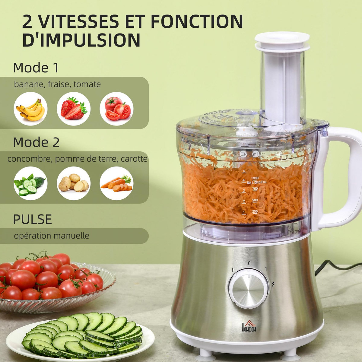 HOMCOM Robot multifonctions 500 W - robot de cuisine polyvalent - robot culinaire 1 L - hachoir, mixeur, trancheur, râpe - 2 vitesses, fonction pulse - acier inox. ABS blanc