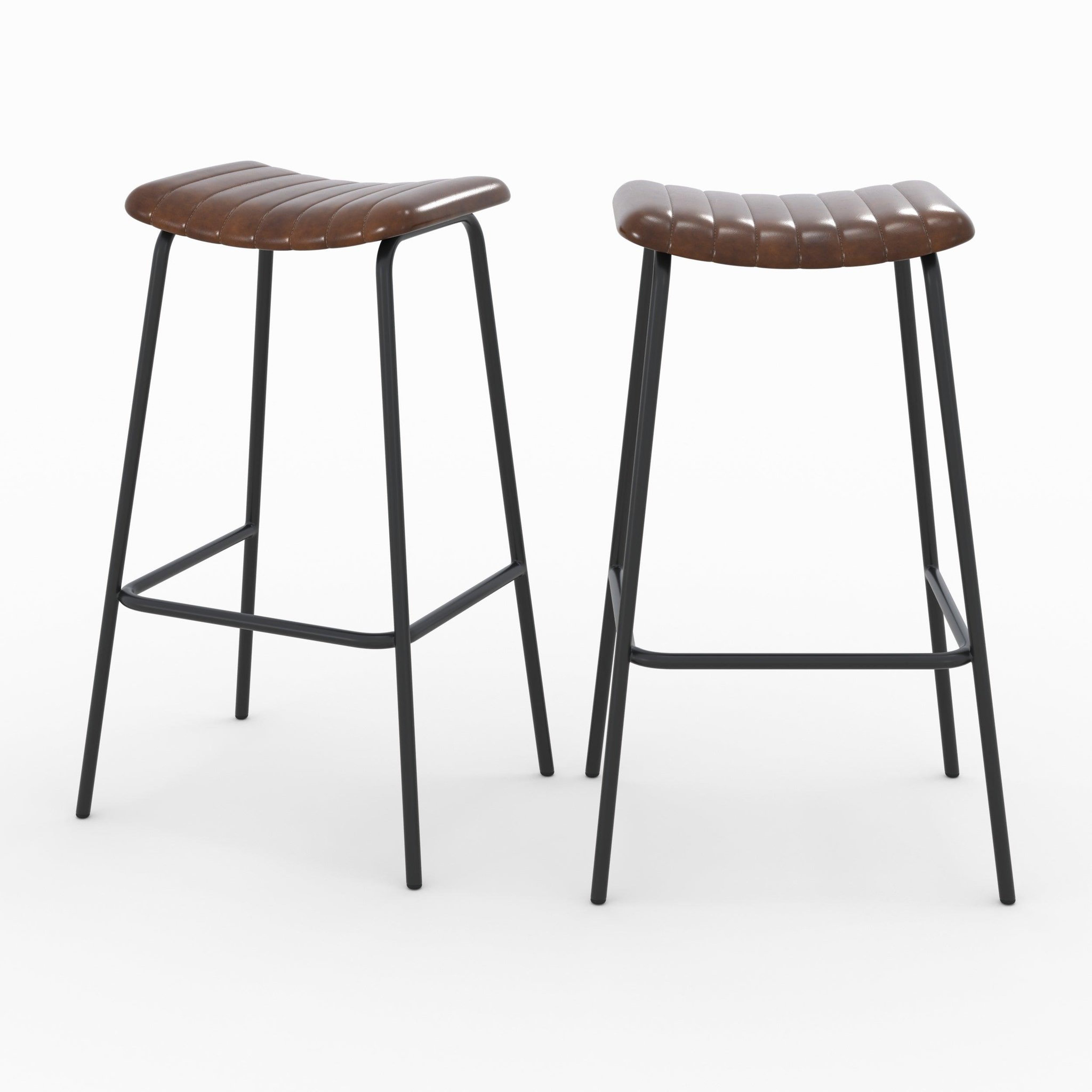 MAISON PAVANE Lot de 2 tabourets de bar 77 cm en cuir marron et pieds en métal-lupin