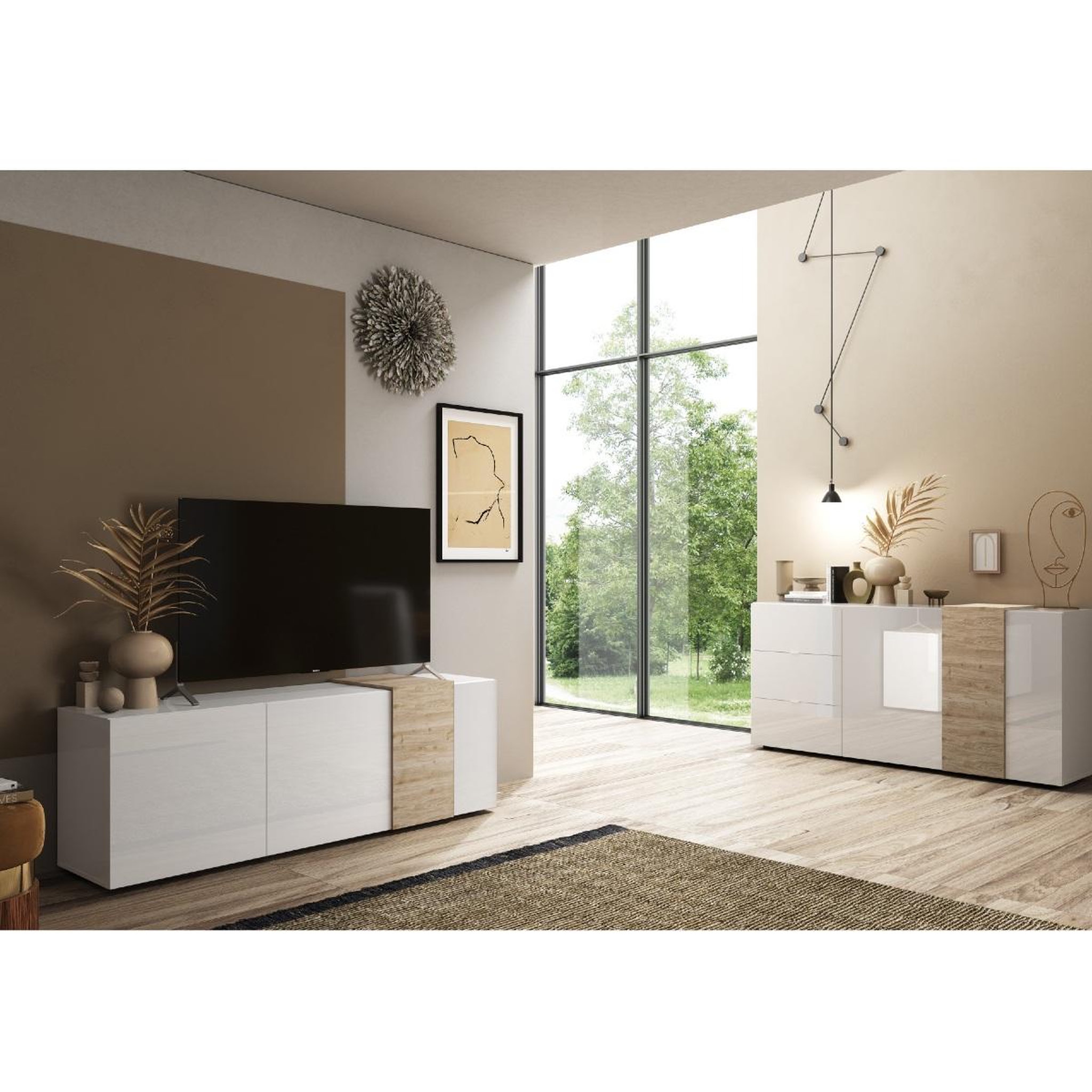 Voir la diapositive 6 : JLC KREATION Buffet bas moderne blanc et bois 2 portes-3 tiroirs SIA