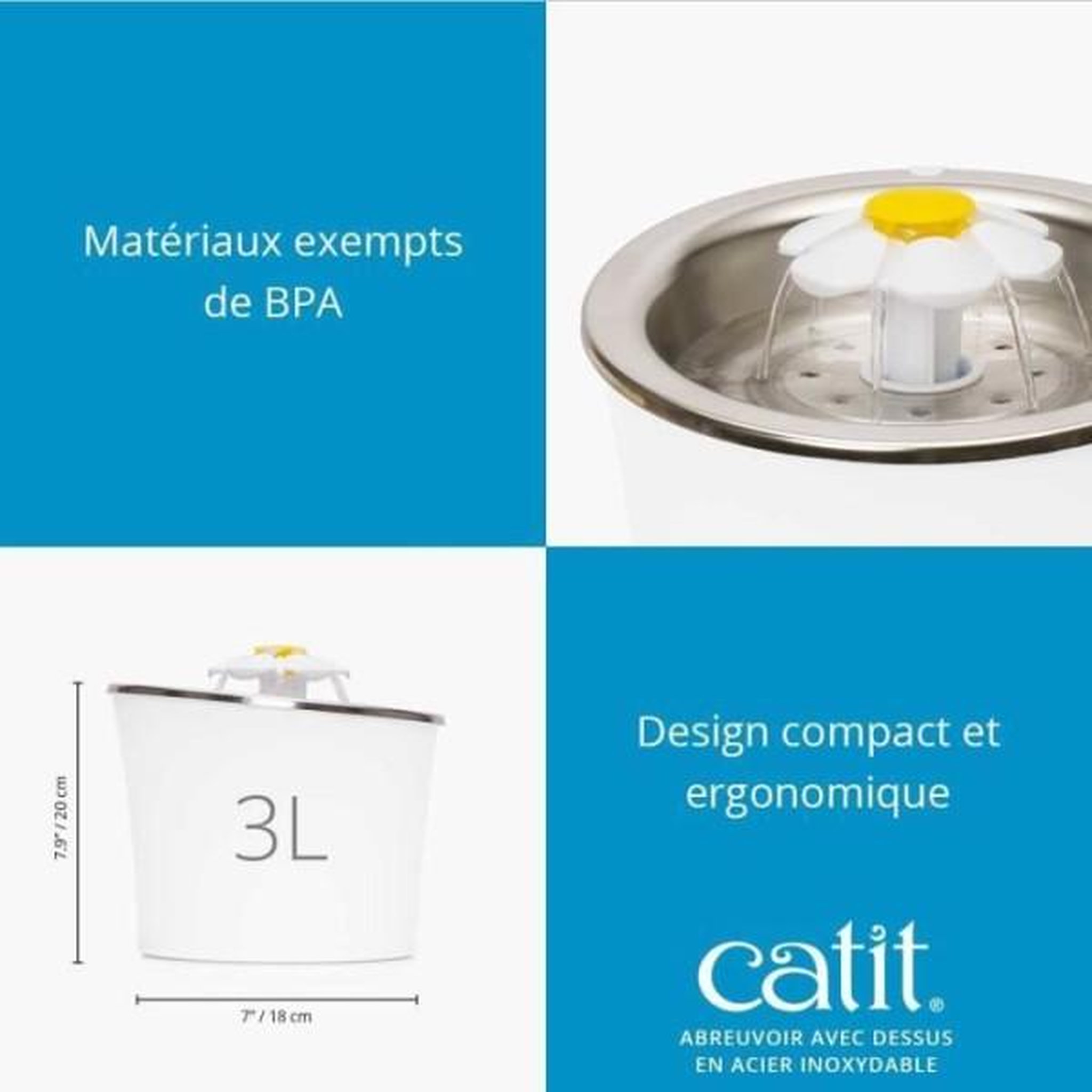 Voir la diapositive 5 : MARKET24 Fontaine a eau pour chat a fleur - CATIT - Flower - 3L - Dessus en acier inoxydable - Avec LED - Blanc