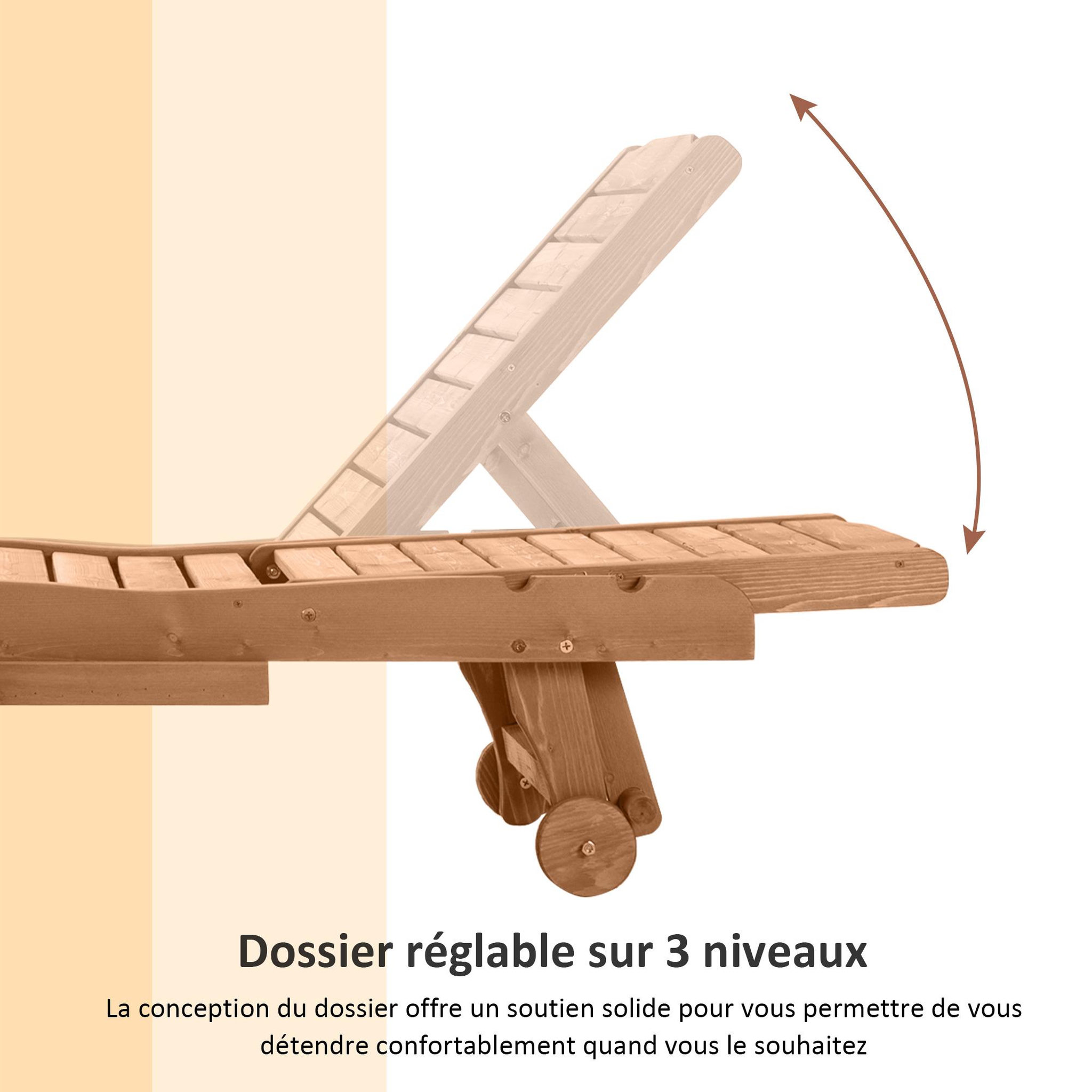 Voir la diapositive 5 : OUTSUNNY Bain de soleil transat style colonial dossier réglable 3 positions roulettes tablette support bois sapin pré-huilé