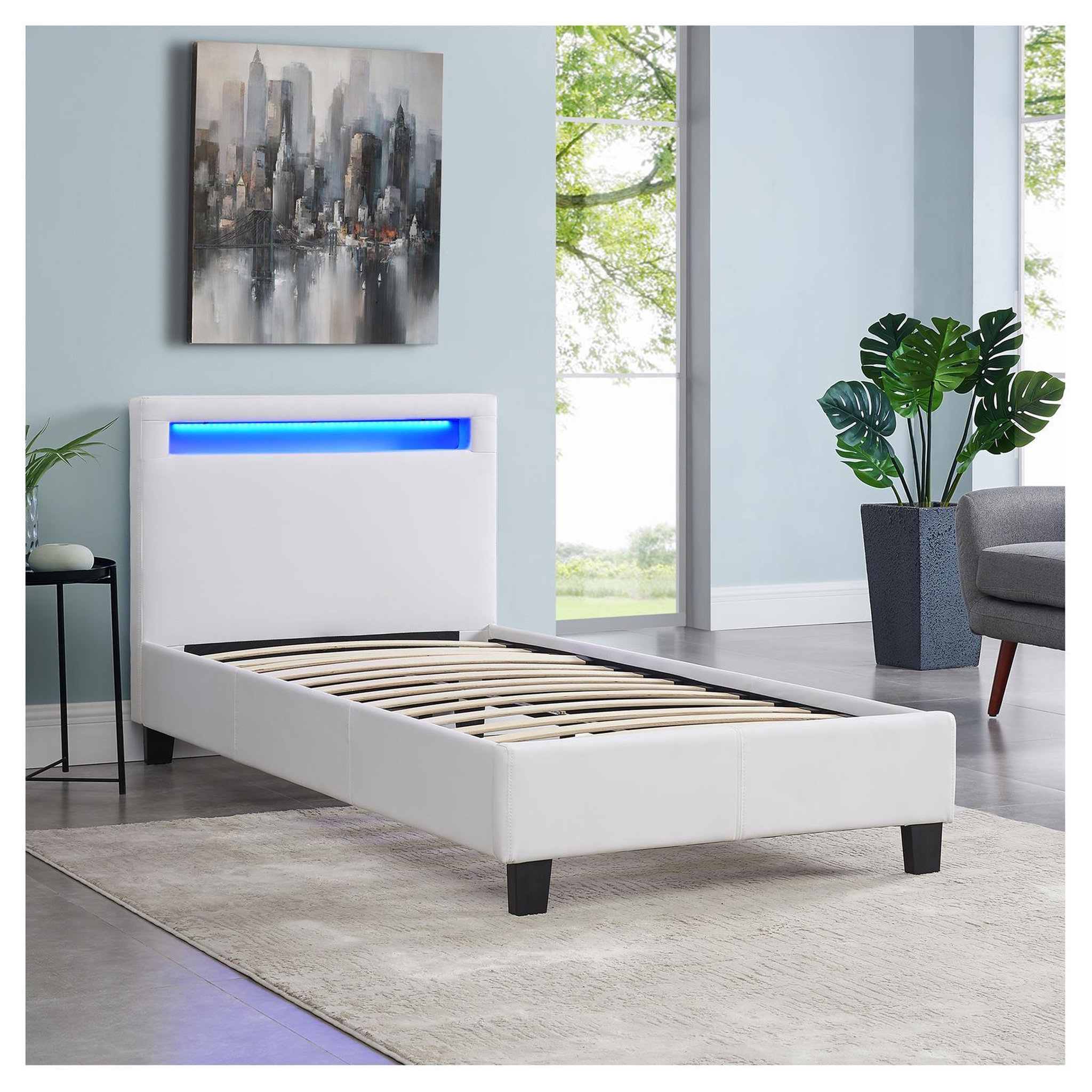 Voir la diapositive 4 : IDIMEX Lit LED simple LUCENO 90x190 cm, avec sommier, revêtement synthétique