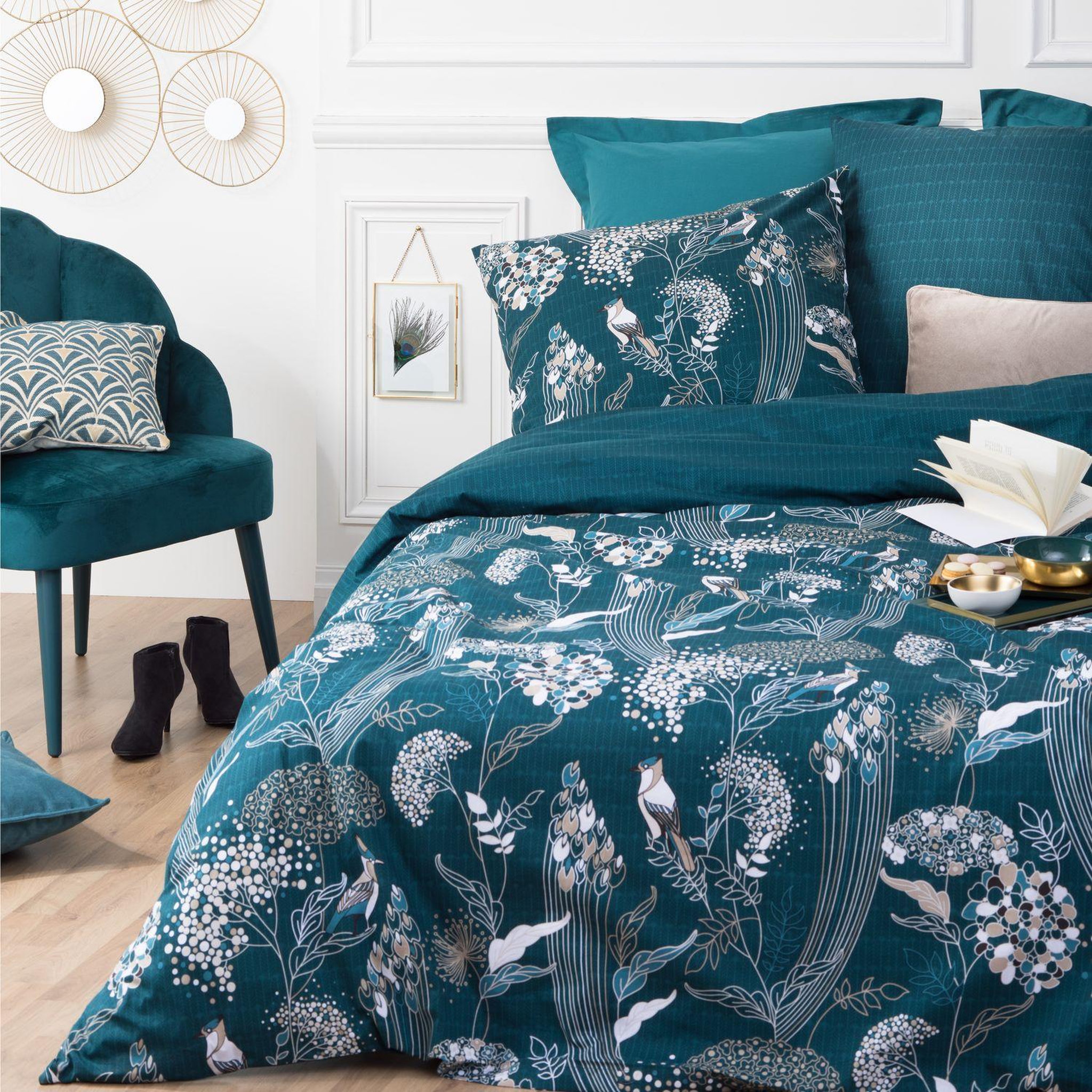Voir la diapositive 2 : ATMOSPHERA Parure de lit 2 places en coton imprimé paon - 240x220 - bleu
