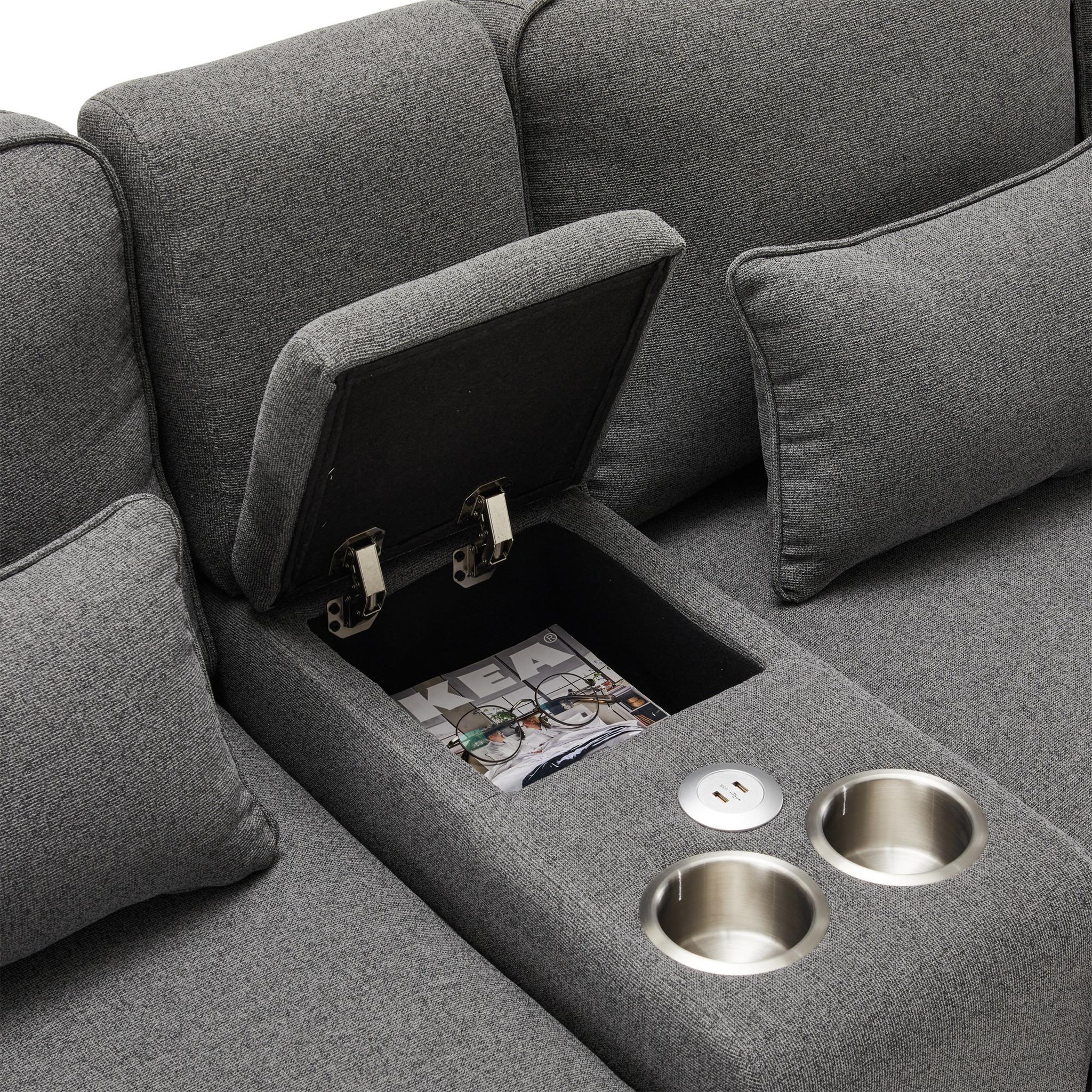 Voir la diapositive 6 : MERAX Canapé 4 Places Fixe Lin Avec 2 Porte-gobelets, 2 Ports USB
