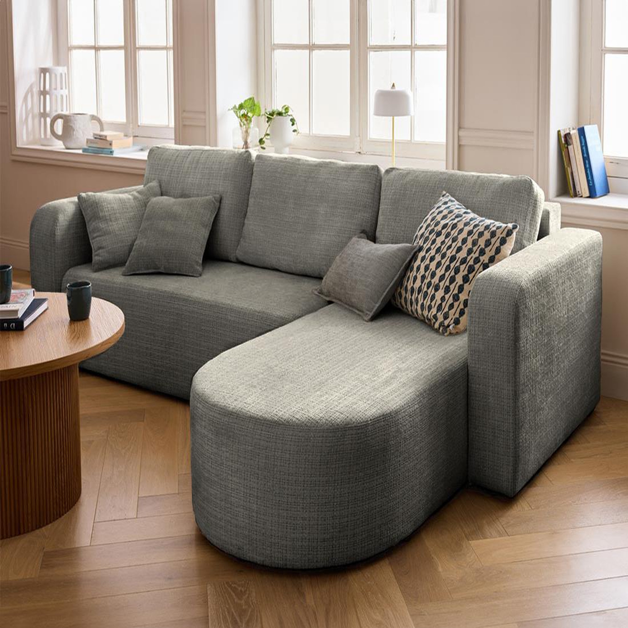 Voir la diapositive 2 : BEST MOBILIER Miro - canapé d'angle réversible - 4 places - convertible avec coffre - en velours texturé