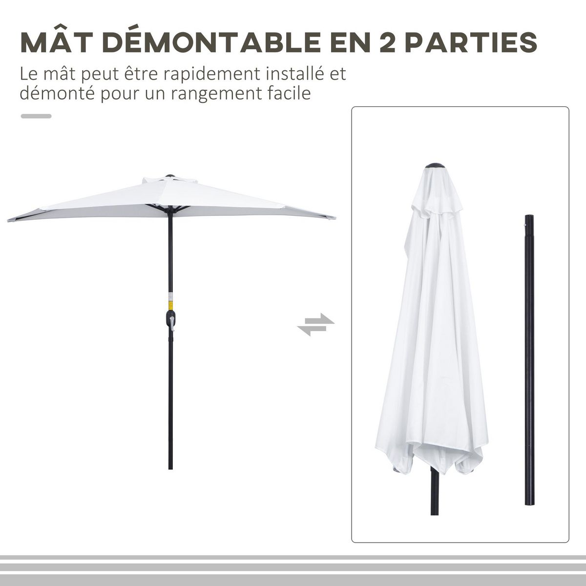 OUTSUNNY Demi parasol - parasol de balcon - ouverture fermeture manivelle - acier polyester haute densité blanc