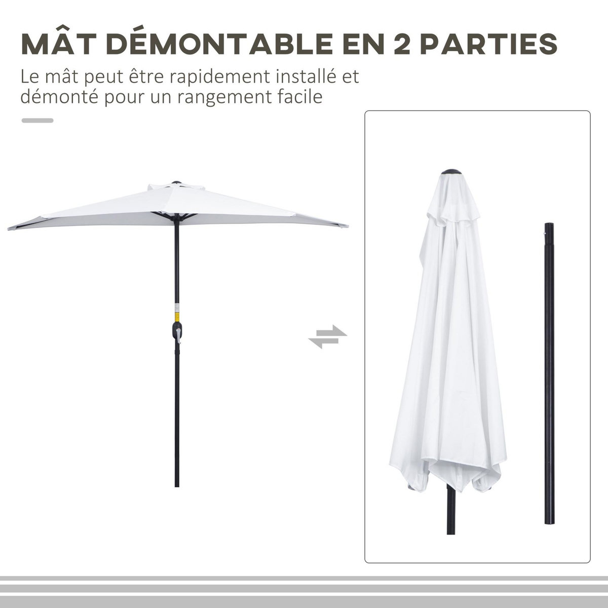 OUTSUNNY Demi parasol - parasol de balcon - ouverture fermeture manivelle - acier polyester haute densité blanc