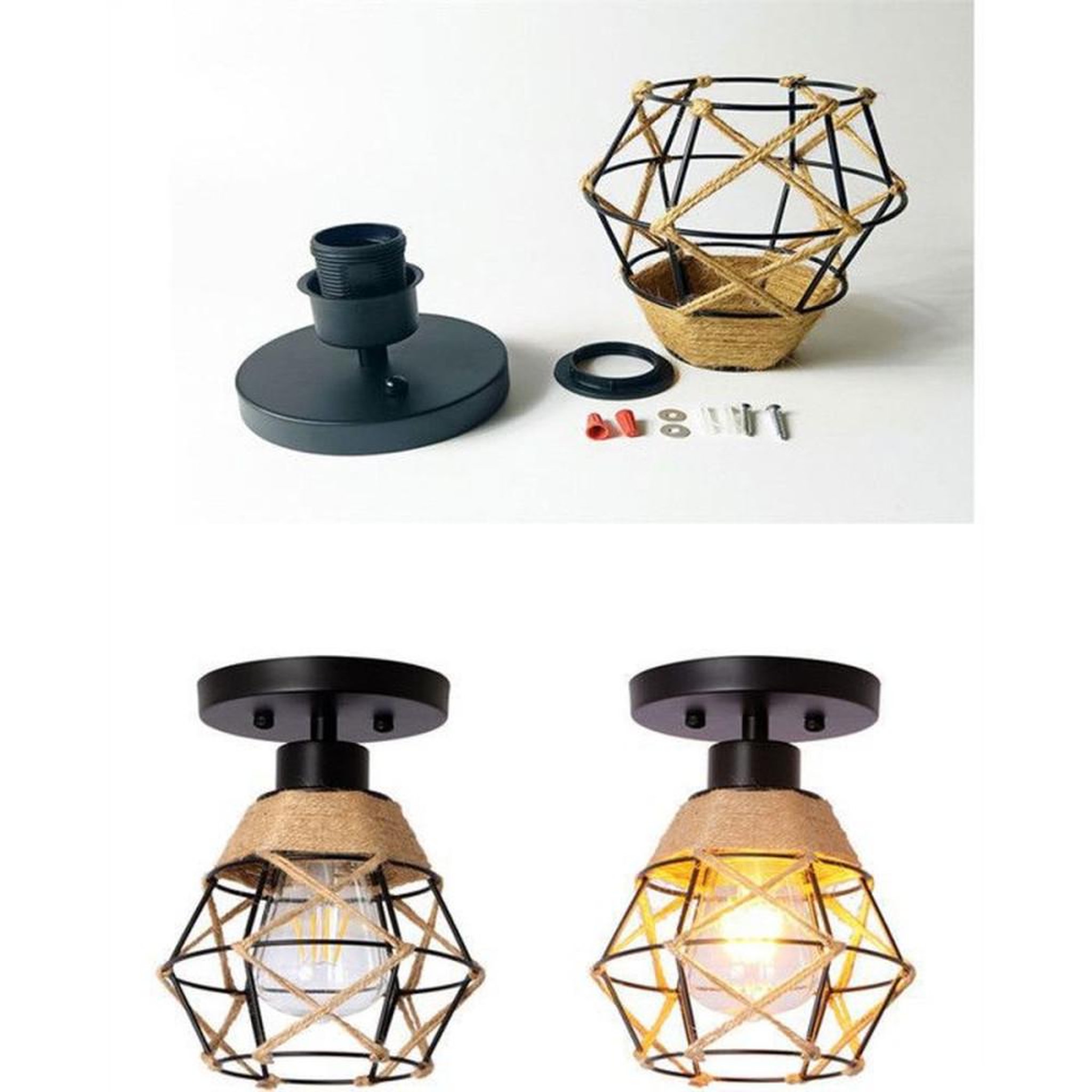Voir la diapositive 2 : Plafonnier en cage carrée noir en fer et corde de jute lot de 2 E27, abat-jour tressé Ø 15 cm hauteur 18 cm, 40 W max (LED recommandé)