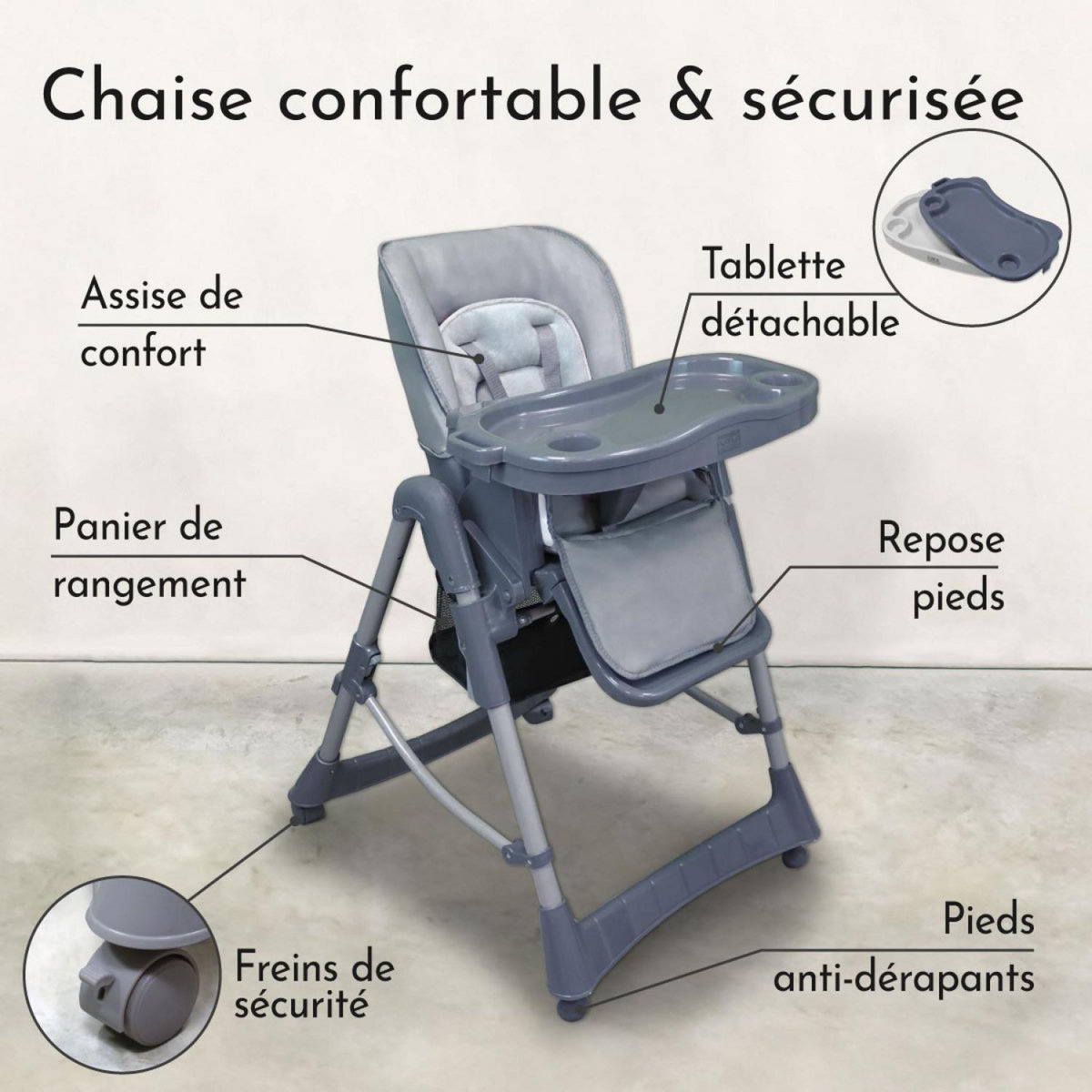 Monsieur Bébé Chaise haute bébé pliable réglable hauteur dossier tablette - Ptit
