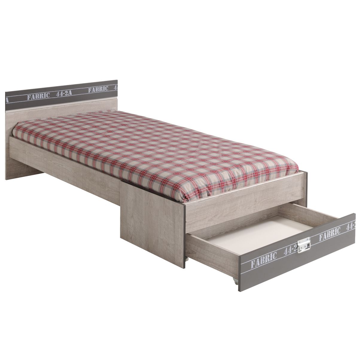 Lit junior style industriel couchage 90x200cm + 1 tiroir de rangement bout de lit LOFTY