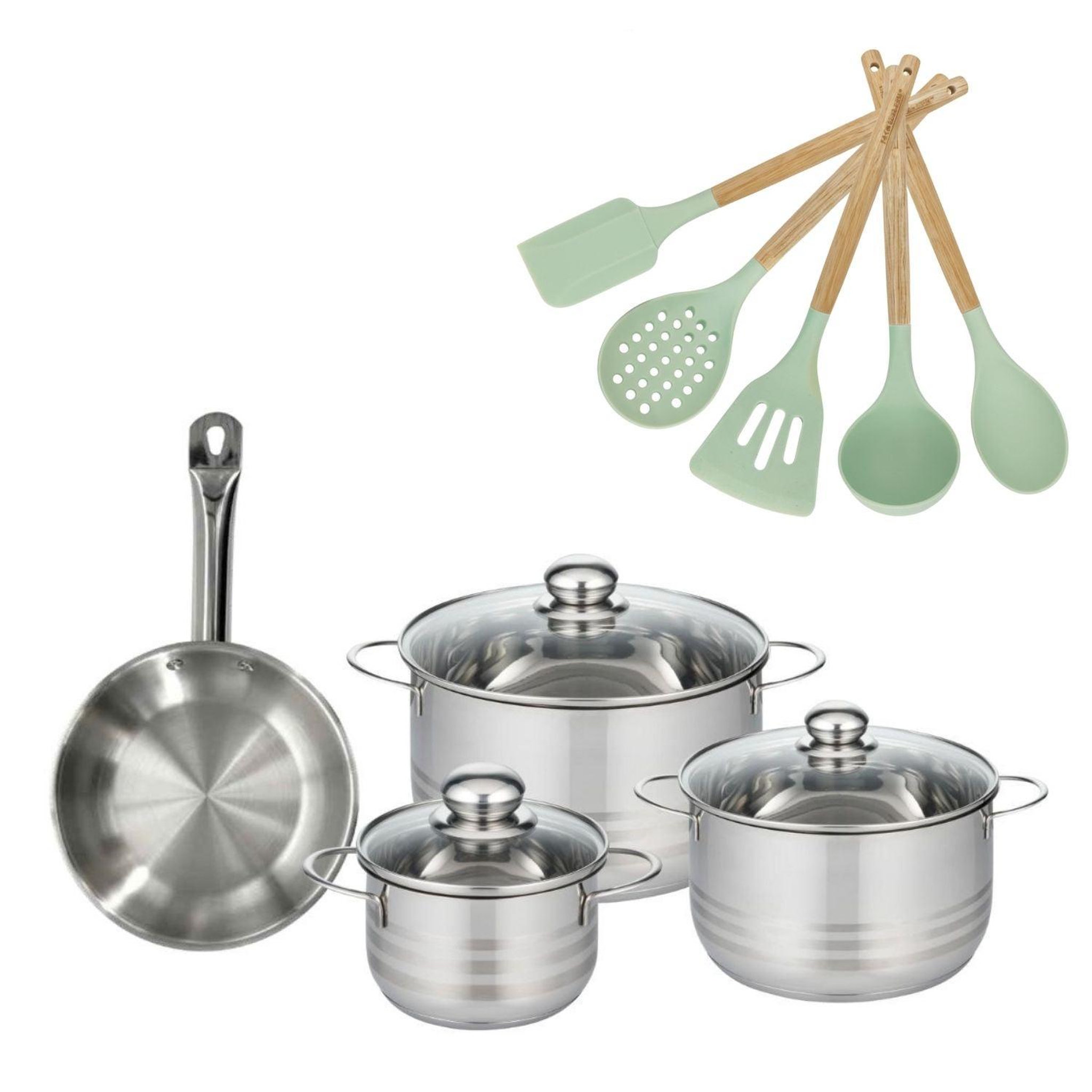 Fackelmann Batterie de cuisine avec 3 faitouts 16/20/24 cm et 1 poêle 20 cm avec 5 ustensiles de cuisine sans pfas fackelmann etherna brillant fenix océan