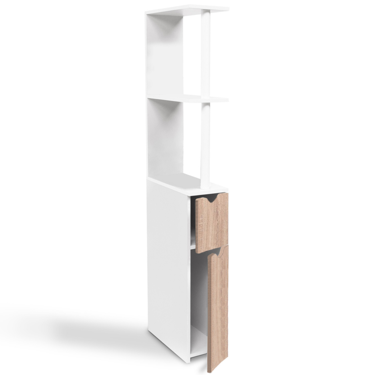 ID MARKET Meuble WC étagère bois WILLY 2 portes blanc et hêtre