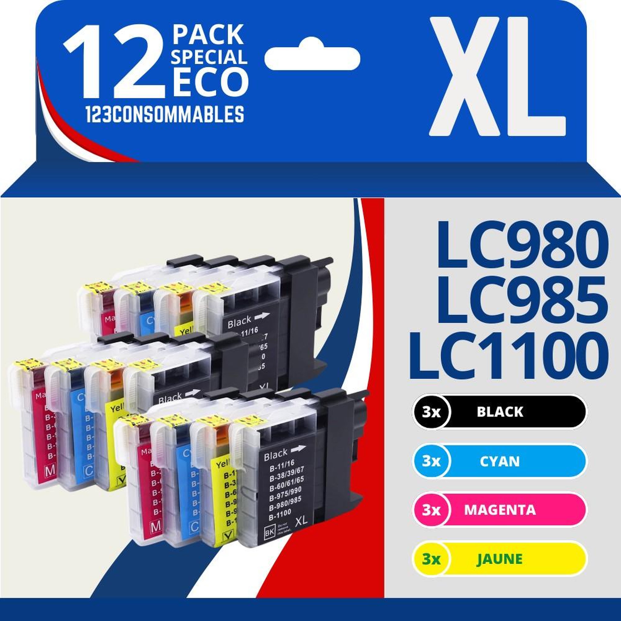 123CONSOMMABLES Pack compatible BROTHER LC980/LC985/LC1100, 12 cartouches
