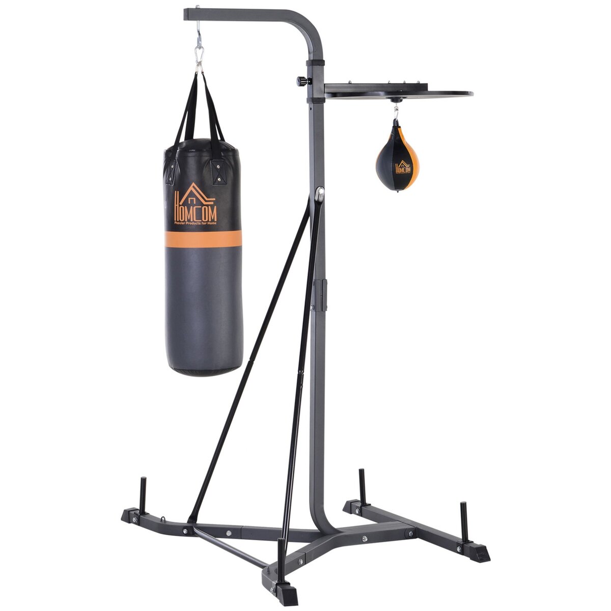 HOMCOM Portique sac de frappe plateforme station de boxe complète avec sac  de frappe + poire de vitesse hauteur réglable 5 niveaux pompe à air fournie  acier noir gris pas cher 