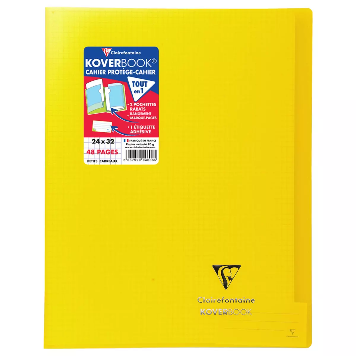 CLAIREFONTAINE Cahier piqué polypro Koverbook 24x32cm 48 pages petits carreaux 5x5 jaune transparent