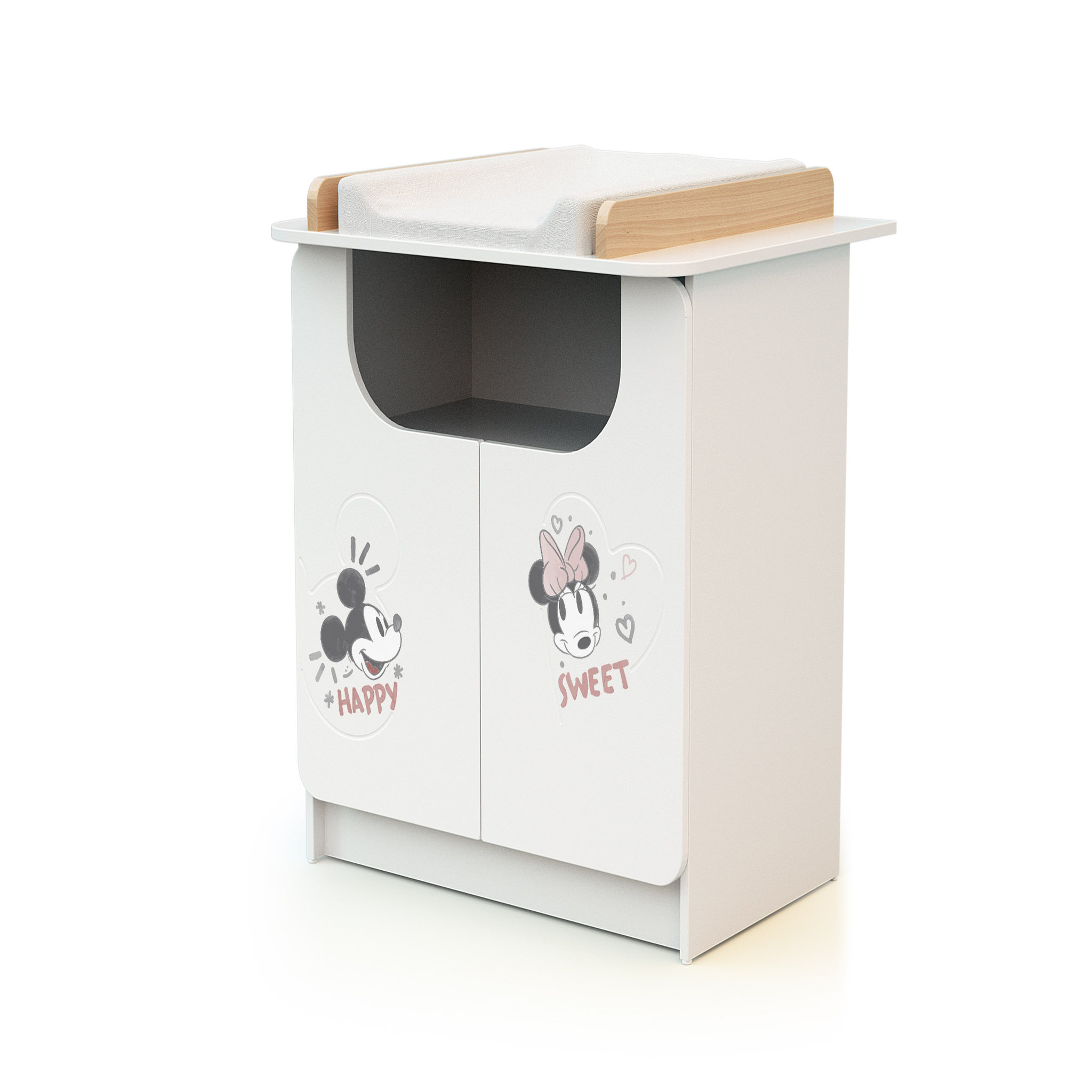 Voir la diapositive 4 : AT4 Ensemble lit bébé 60x120 cm et commode à langer 2 portes MICKEY ET MINNIE DISNEY Blanc et Hêtre