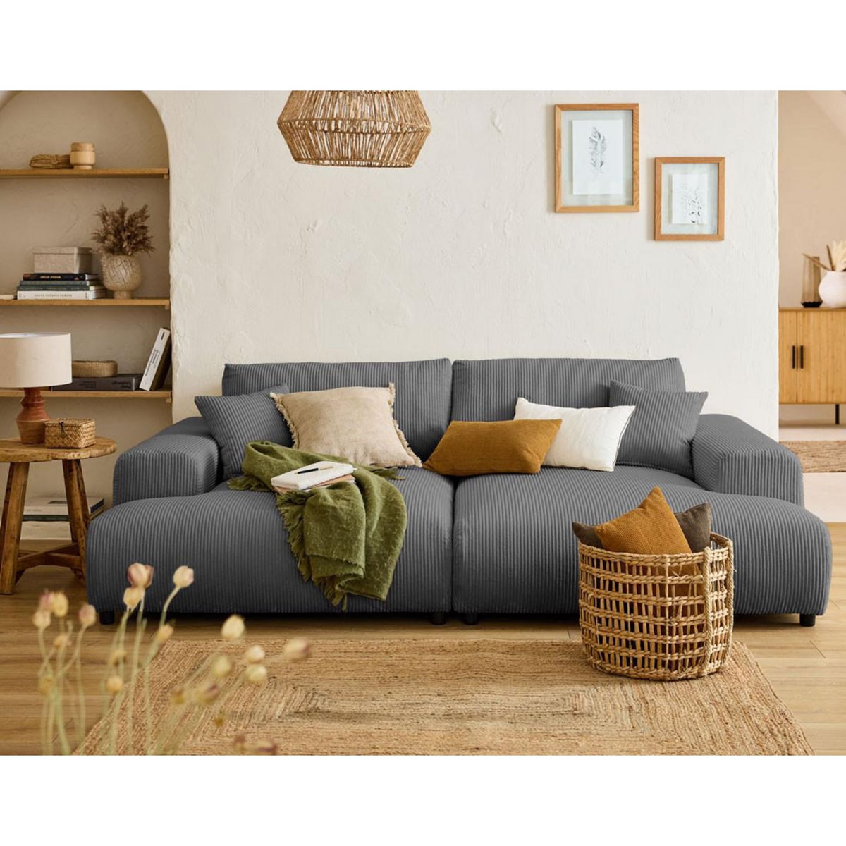 LISA DESIGN Garance - canapé droit 4 places double méridienne - assise profonde - en velours côtelé