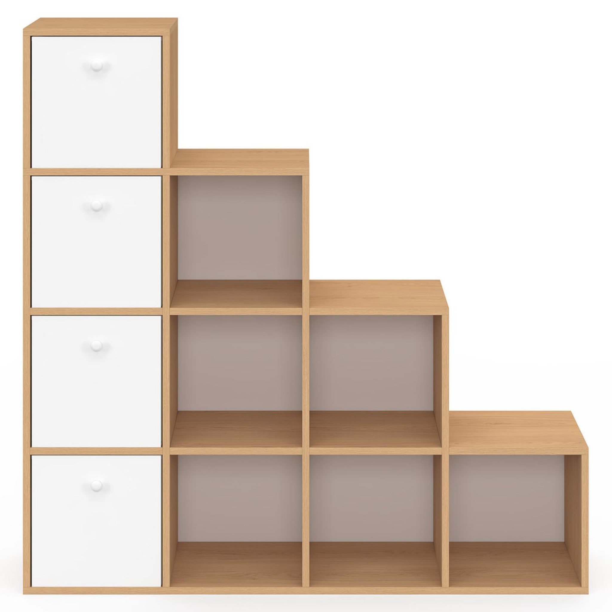 Voir la diapositive 3 : ID MARKET Meuble de rangement en escalier lorys 4 niveaux bois et blanc avec 4 tiroirs en tissu