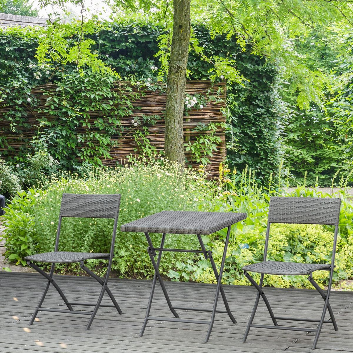 OUTSUNNY Ensemble meubles de jardin design table carré et chaises pliables résine tressée imitation rotin gris