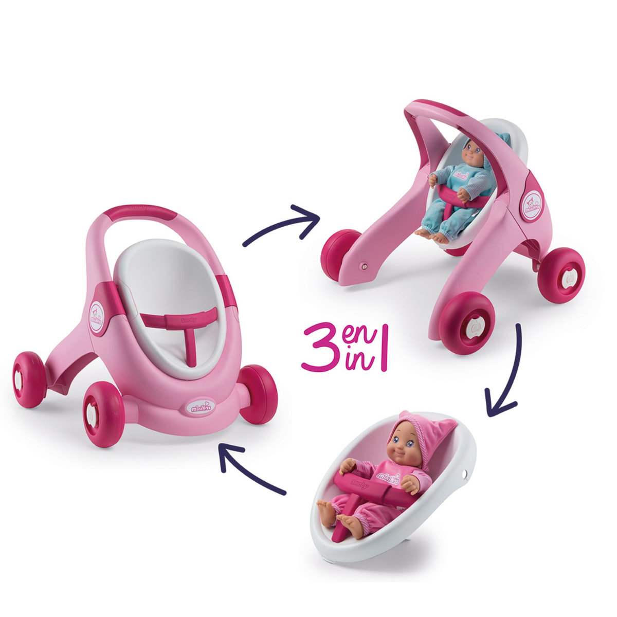 SMOBY Trotteur poussette pour poupée 3 en 1 Minikiss