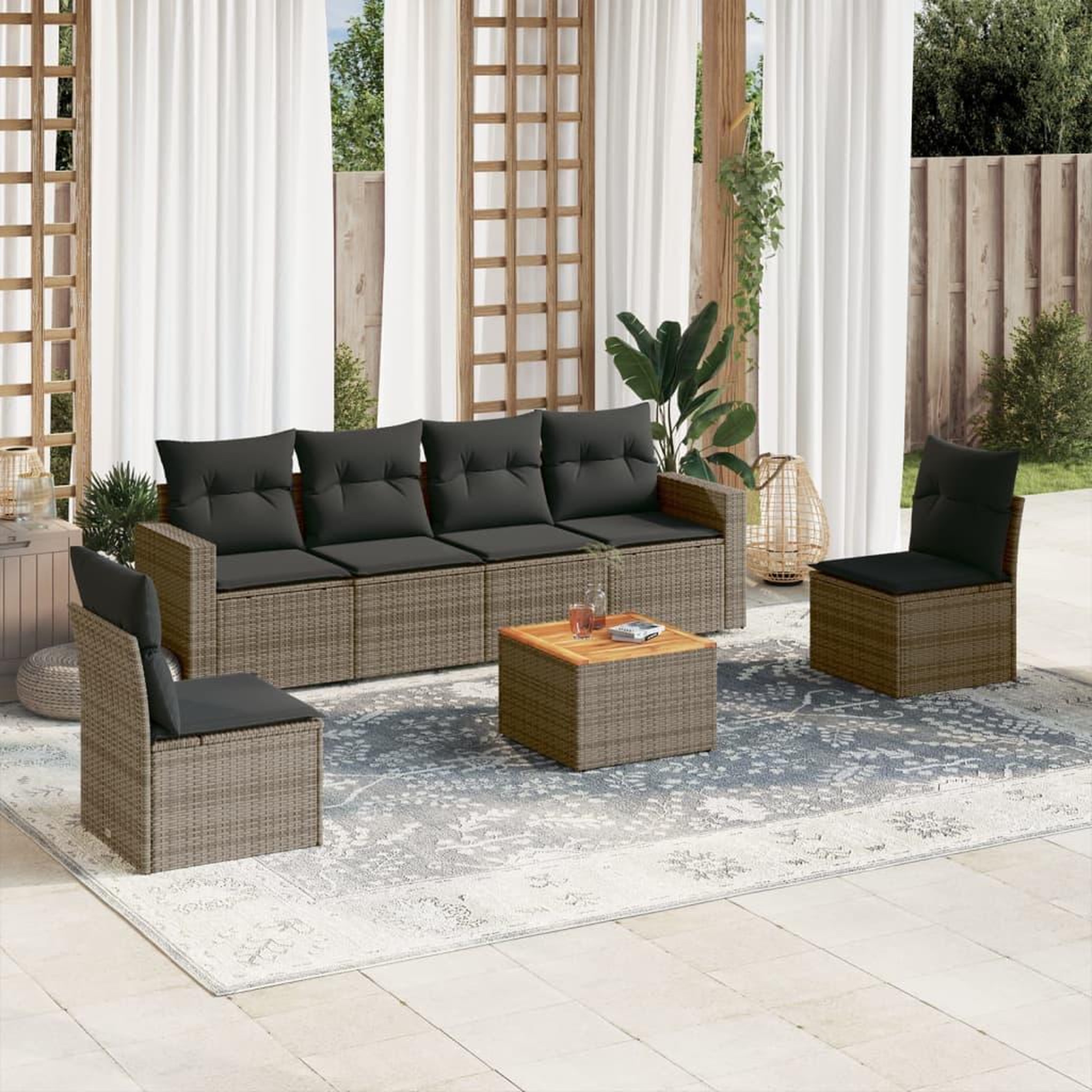 VIDAXL Salon de jardin avec coussins 7 pcs gris resine tressee
