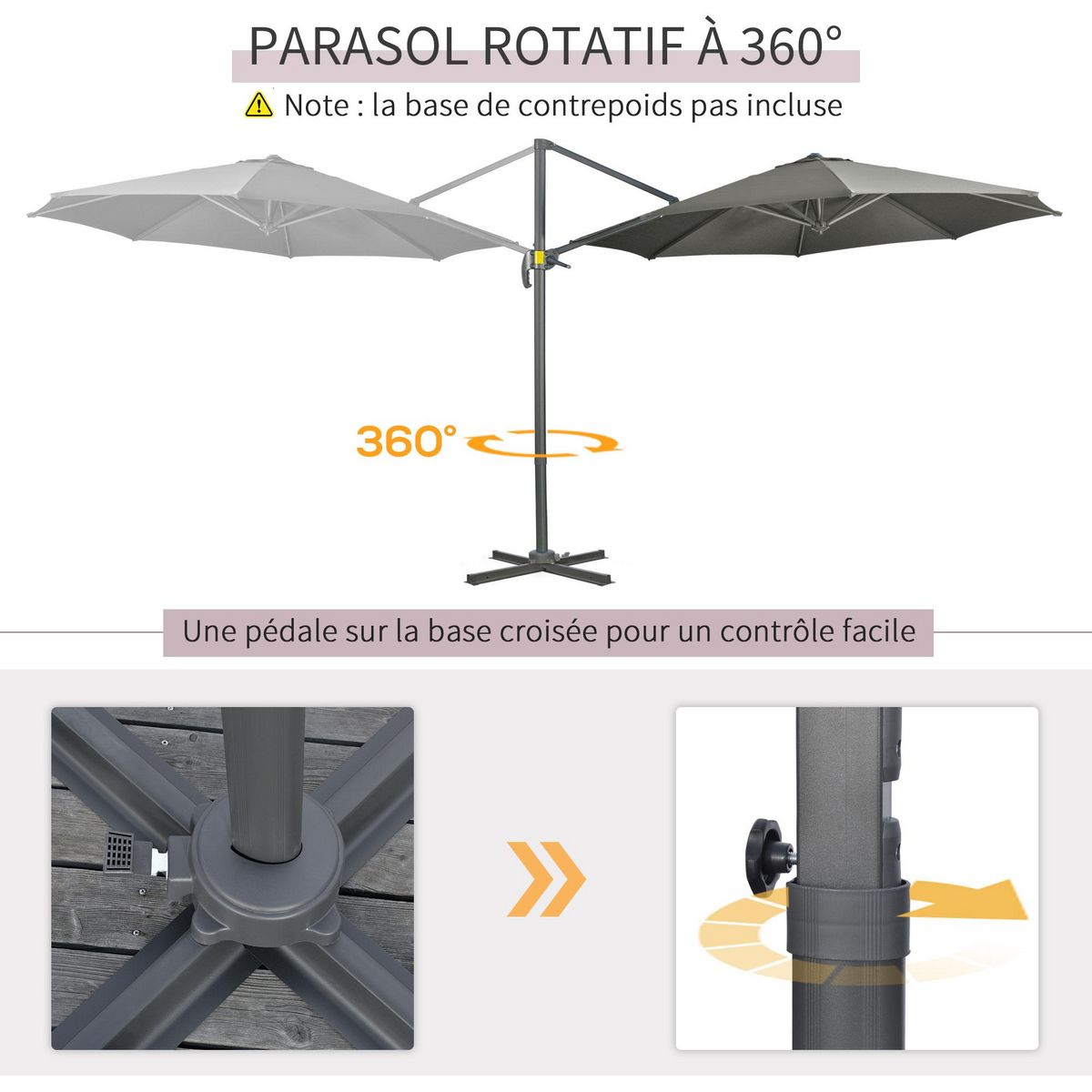 OUTSUNNY Parasol déporté octogonal inclinable manivelle avec pied en acier Ø 2,94 x 2,48H m gris