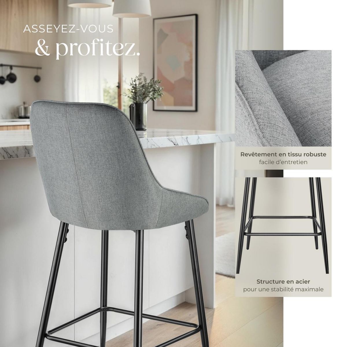 tectake Chaise de bar rembourrée avec une housse douce Tissu gris/noir Ensemble de 4 pièces