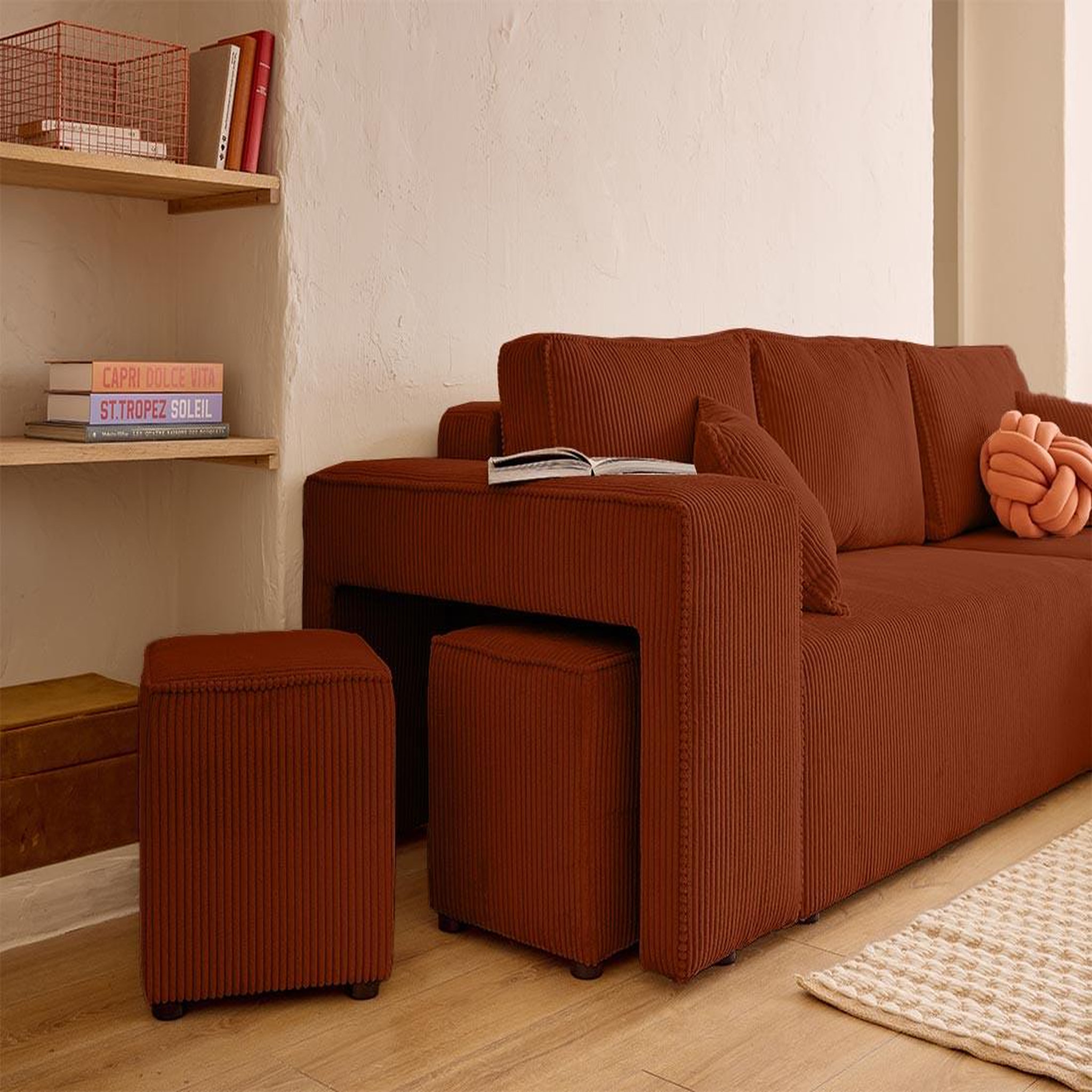 Voir la diapositive 5 : BEST MOBILIER Topaze - canapé d'angle réversible 4 places - convertible avec coffre, tablette et poufs - en velours côtelé