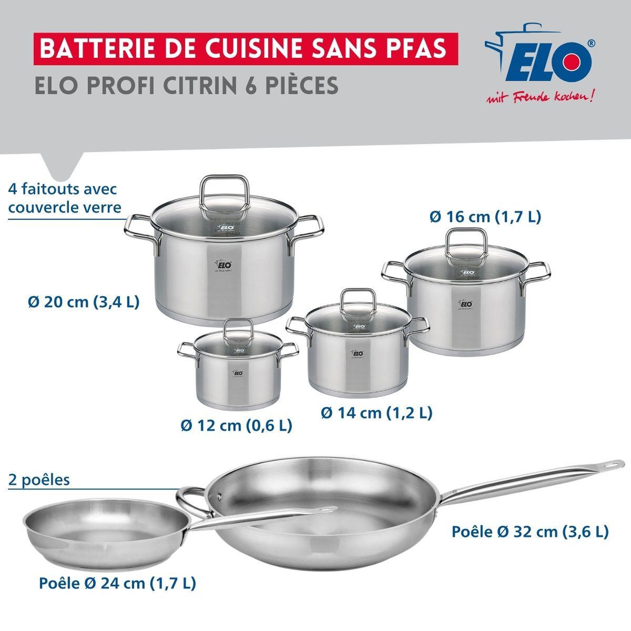 Voir la diapositive 2 : ELO Ensemble de 2 poêles de cuisson 24 et 32 cm et 4 faitouts 12, 14, 16 et 20 cm elo profi citrin