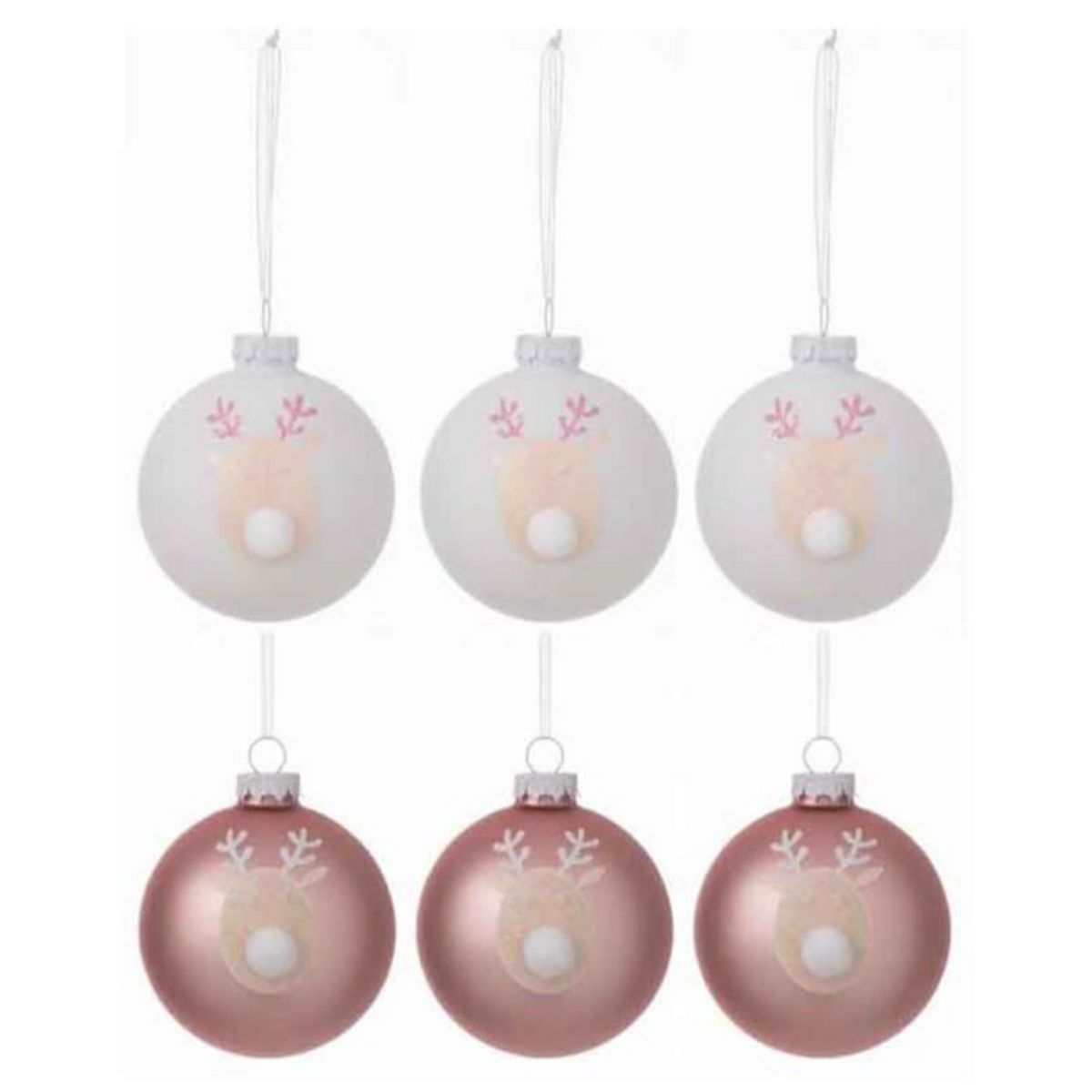 Paris Prix Lot de 6 Boules de Noël  Rennes  8cm Rose & Blanc