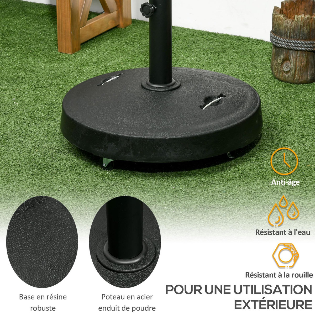 OUTSUNNY Pied de parasol rond - base de lestage parasol sur roulettes - poids net 24 Kg - résine surface granuleuse noir