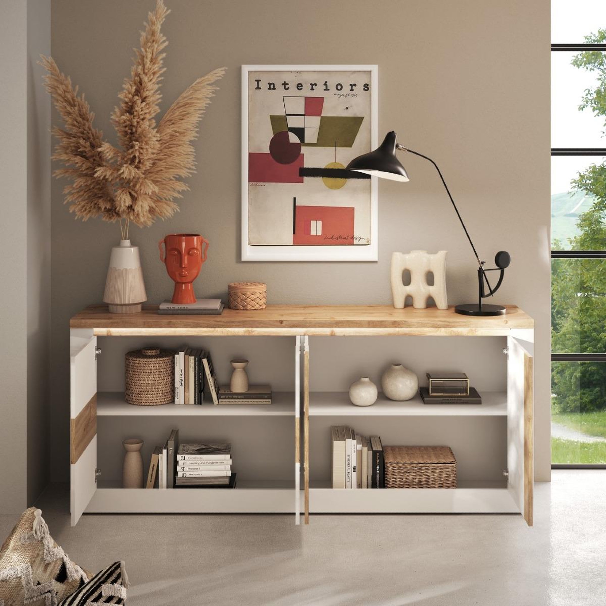 Voir la diapositive 4 : JLC KREATION Buffet moderne 4 portes laqué blanc et bois 210cm ARIA