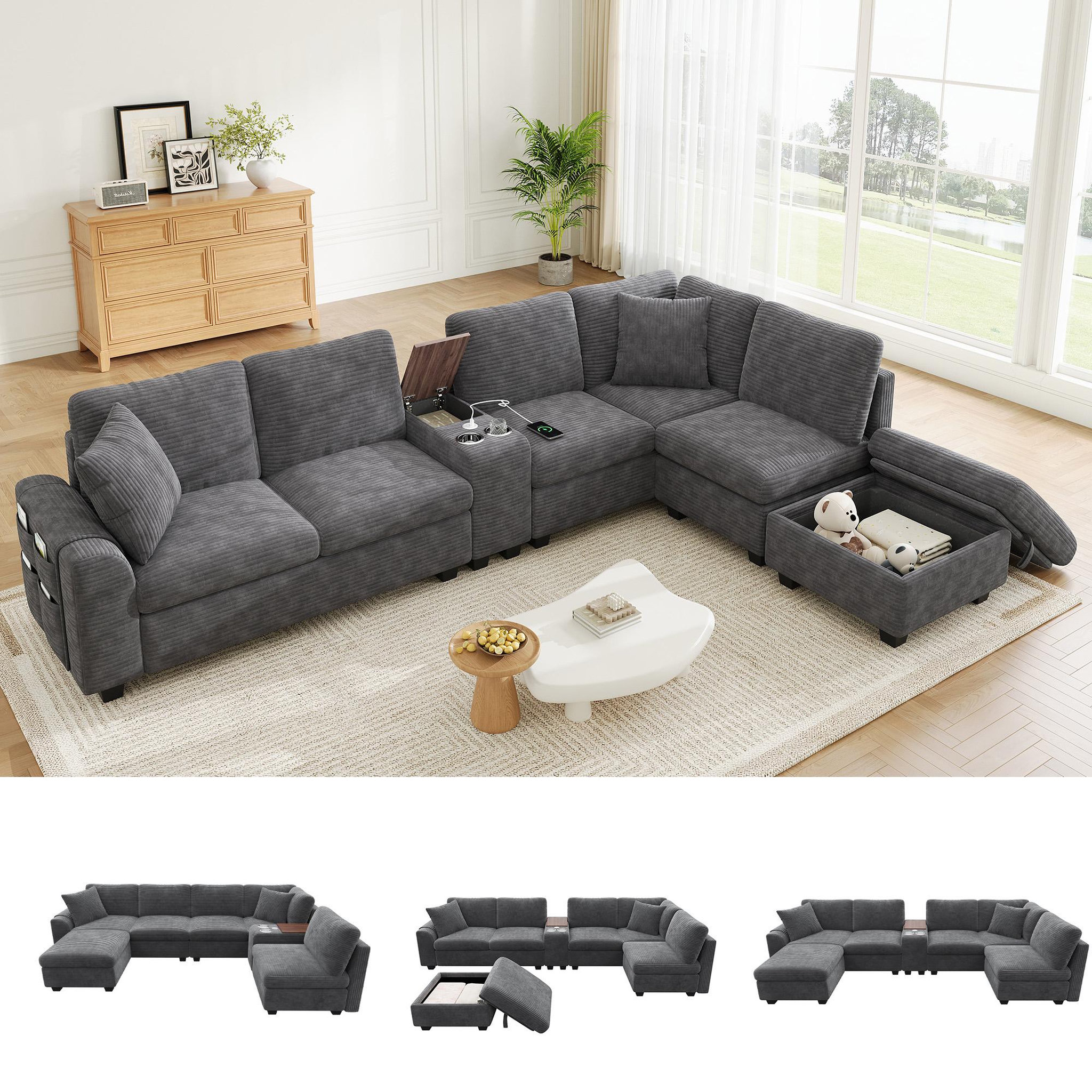 Voir la diapositive 4 : MERAX Canapé d'angle modulable u/l 6 places avec console usb tissu côtelé