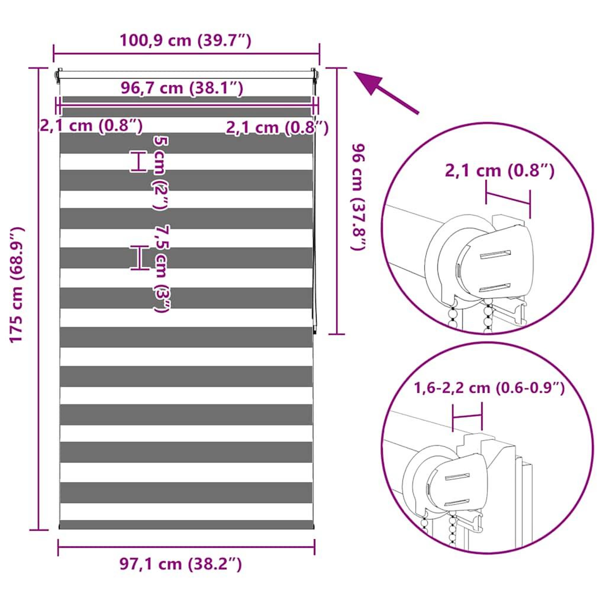 Voir la diapositive 6 : VIDAXL Store venitien zebre 100,9 x 175 cm, largeur du tissu 96,7 cm, blanc