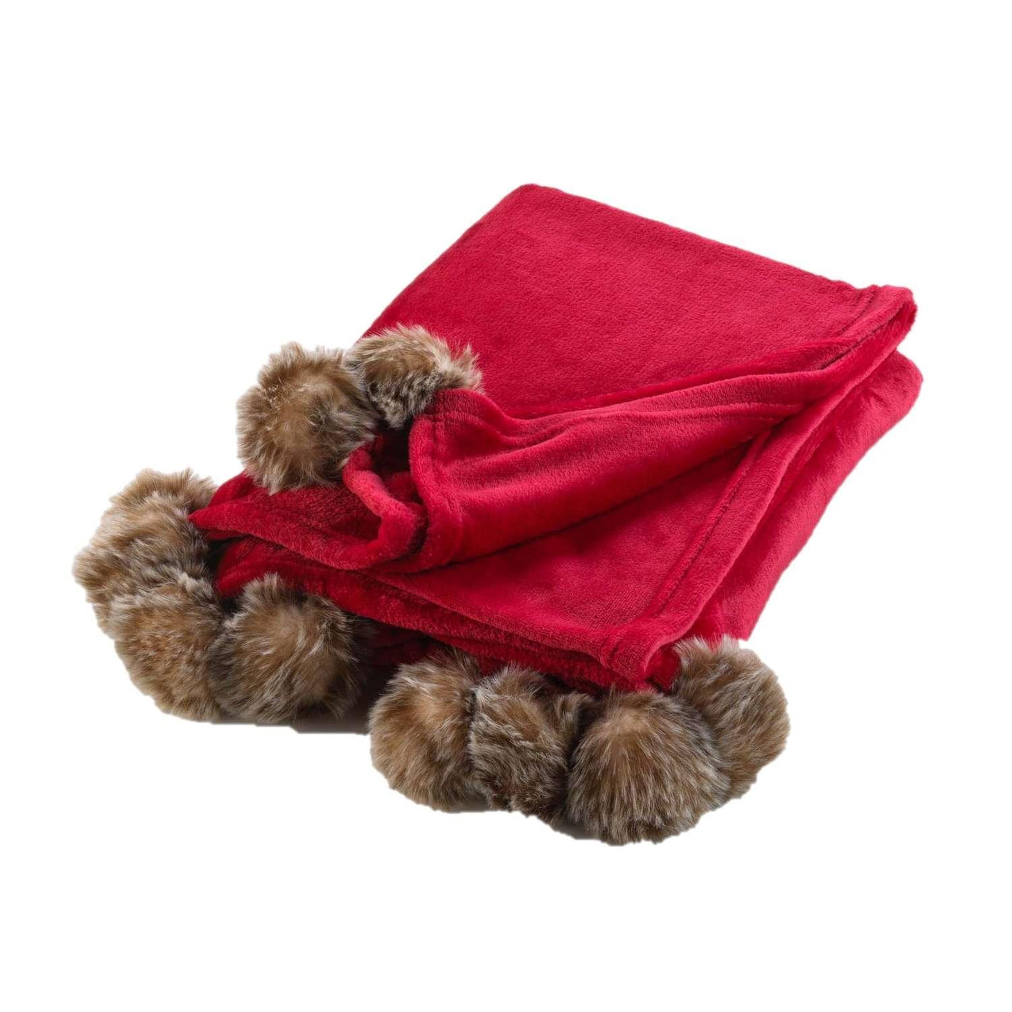 Douceur d'Intérieur Plaid à pompons doux - 150 x 125 cm - rouge