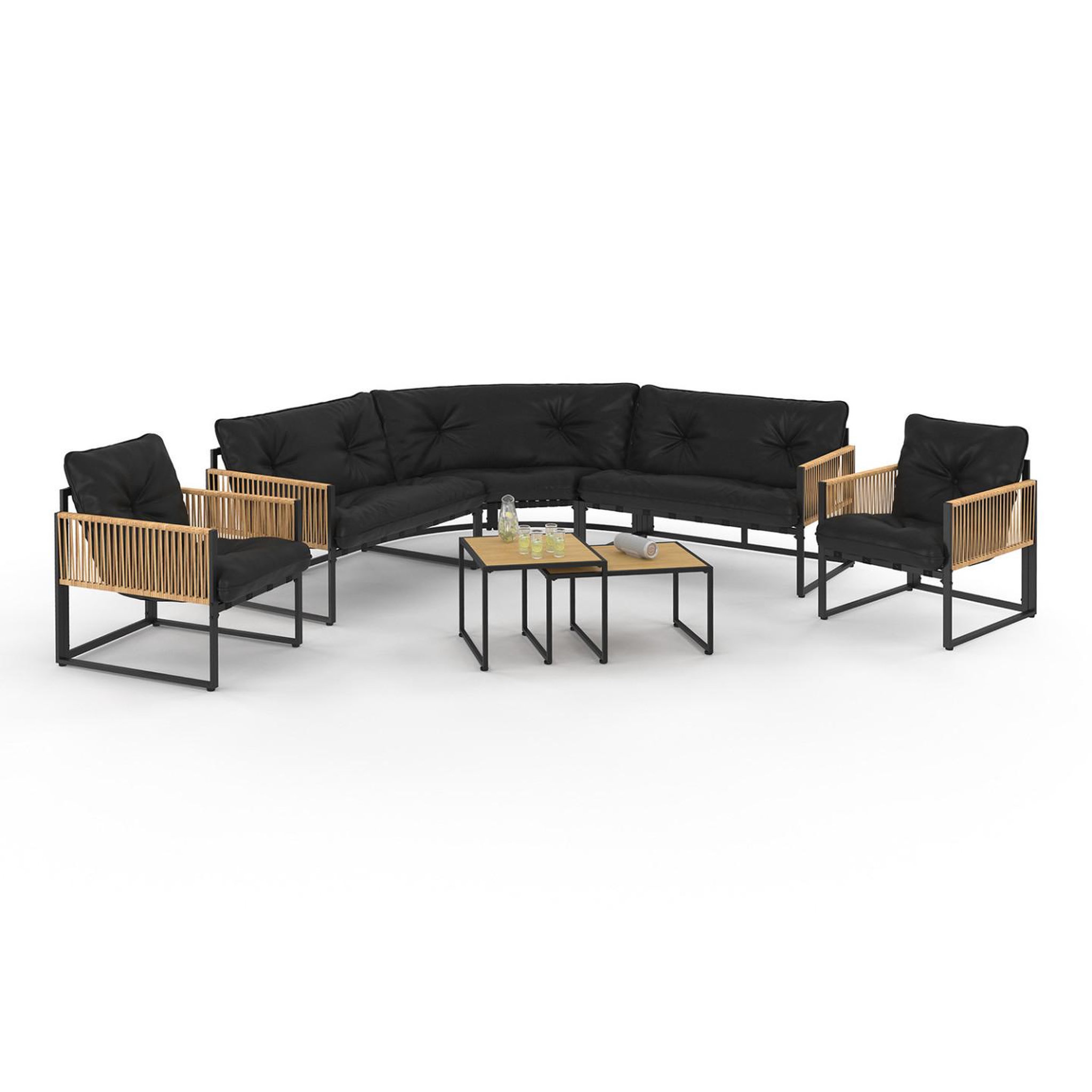 ID MARKET Salon de jardin bas rio 8 places salon d'angle structure métal et cordage effet rotin clair et coussins noir