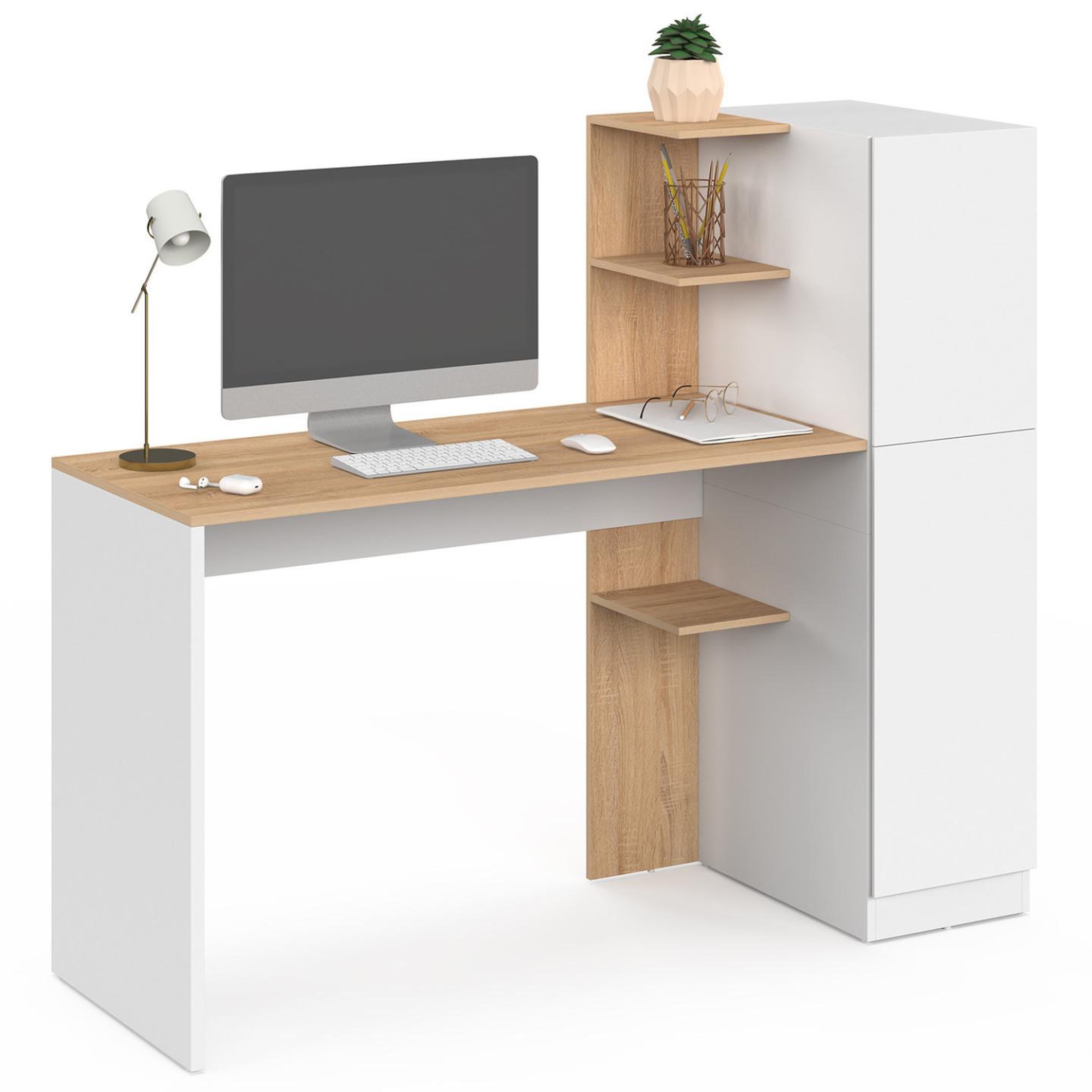 ID MARKET Bureau avec armoire de rangements 140x50 cm NICO étagères blanc et bois