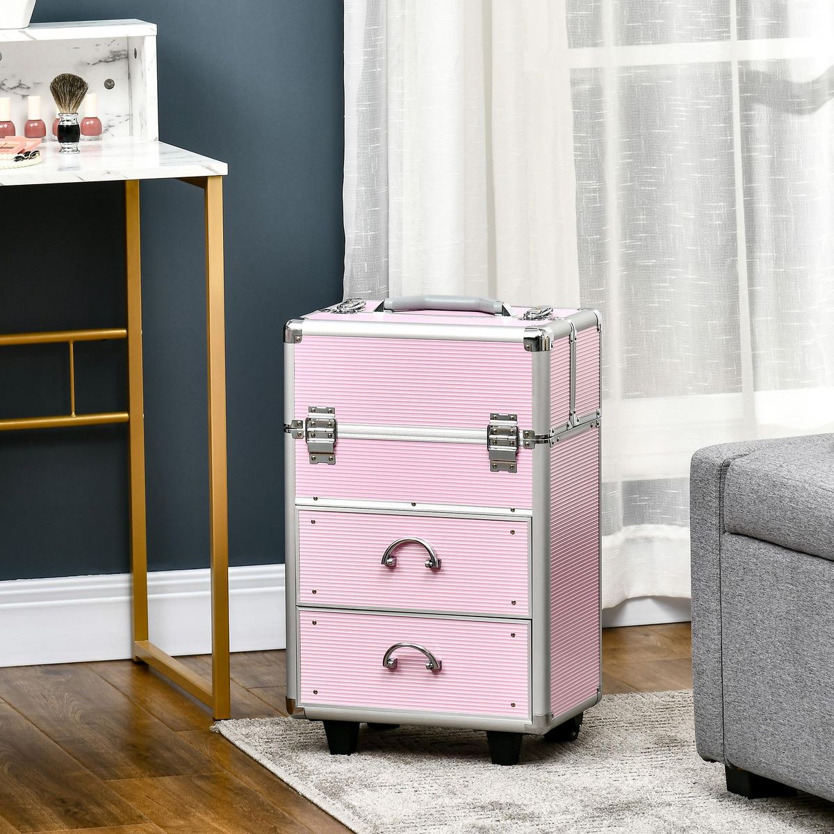 HOMCOM Valise trolley maquillage malette cosmétique vanity poignée télescopique réglable 36L x 23l x 58H cm alu