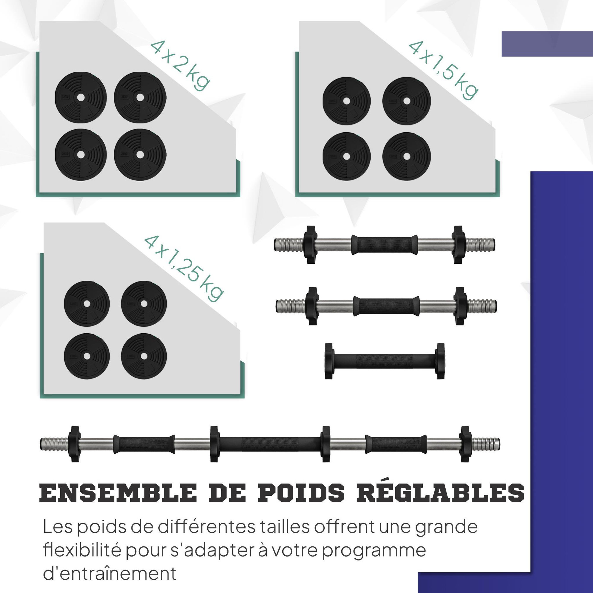 Voir la diapositive 5 : HOMCOM Haltères 2 en 1 réglables - haltères libres 20 kg - barres incluses - entraînement musculaire & haltérophilie - noir vert