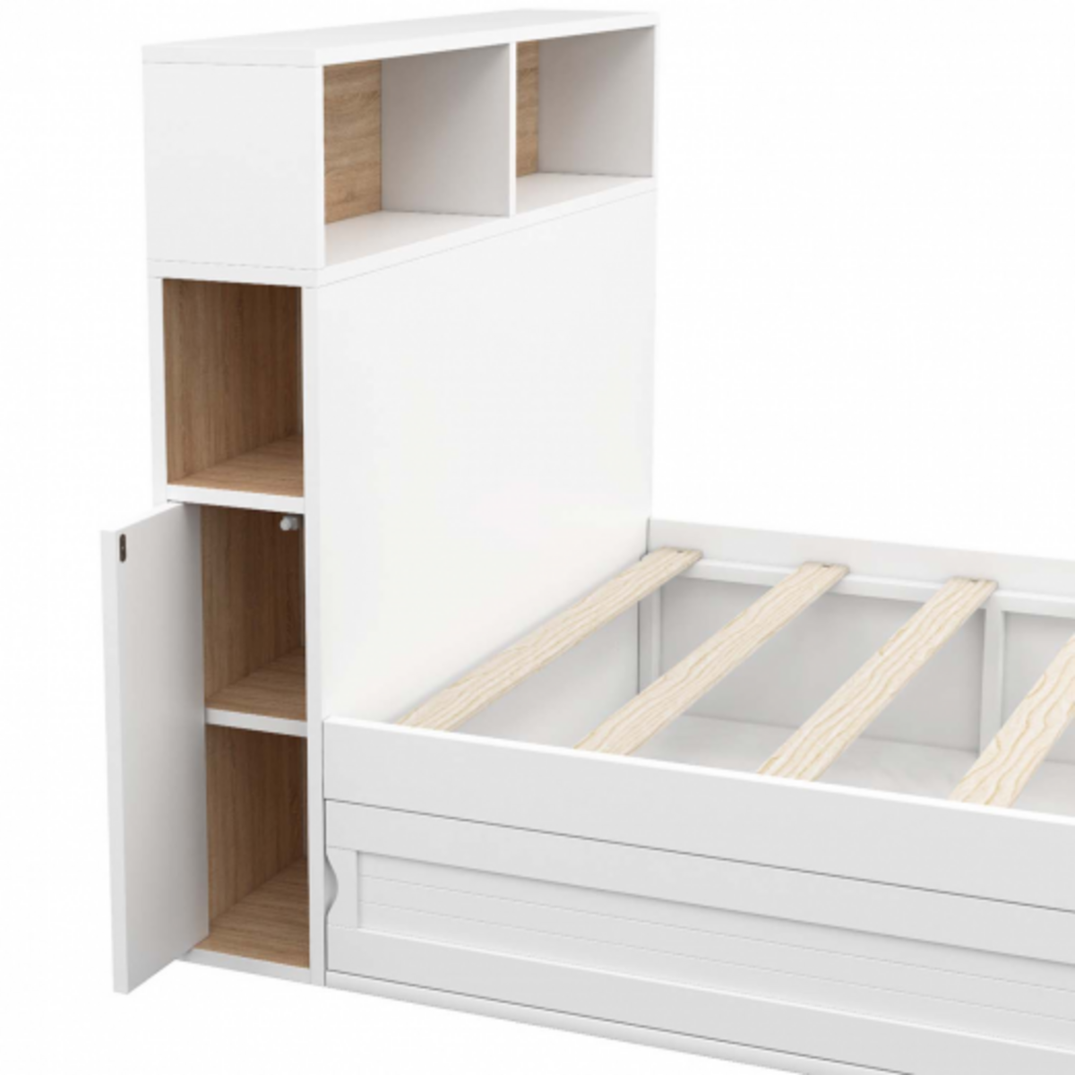 ID MARKET Lit simple CLEM avec rangement, tête de lit et sommier 90 x 190 cm blanc et hêtre