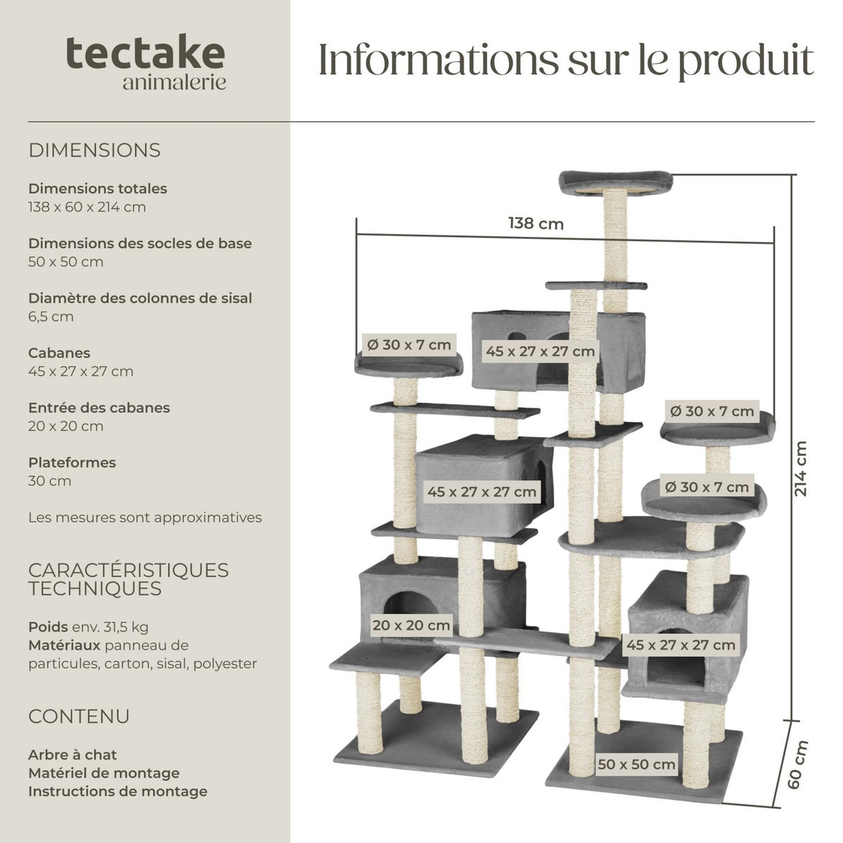 tectake Arbre à chat 214 cm avec griffoir et plateforme d'escalade gris
