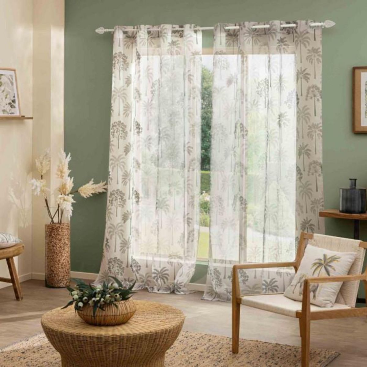 Paris Prix Rideau Voilage à Œillets Imprimé  Palmea  140x280cm Vert