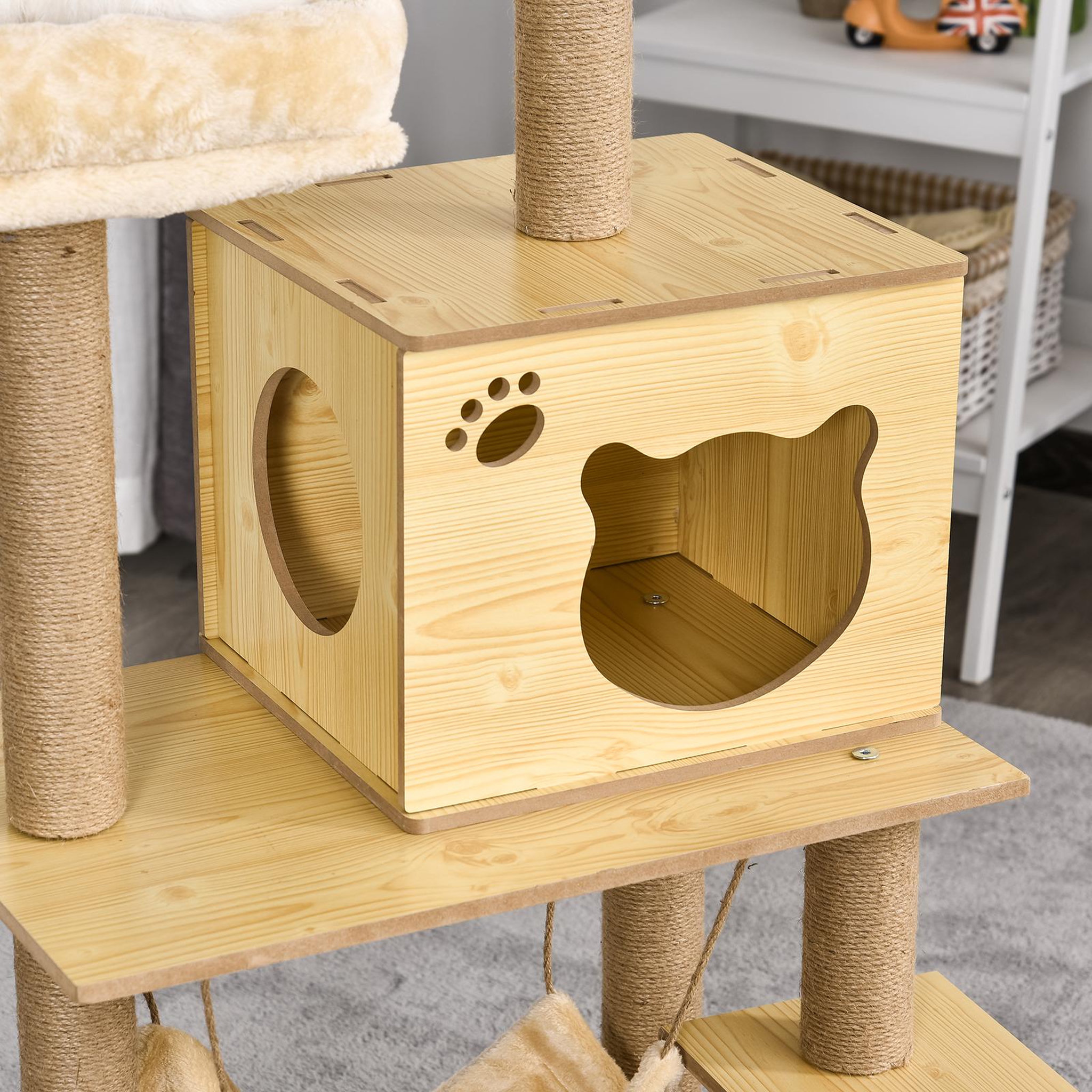 Voir la diapositive 4 : PAWHUT Arbre à chats design contemporain griffoirs grattoirs sisal naturel niche plate-formes hamac boule panneaux particules beige