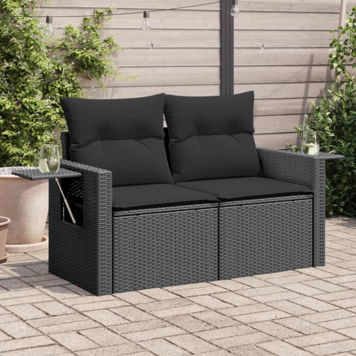 VIDAXL Canape de jardin avec coussins 2 places noir resine tressee
